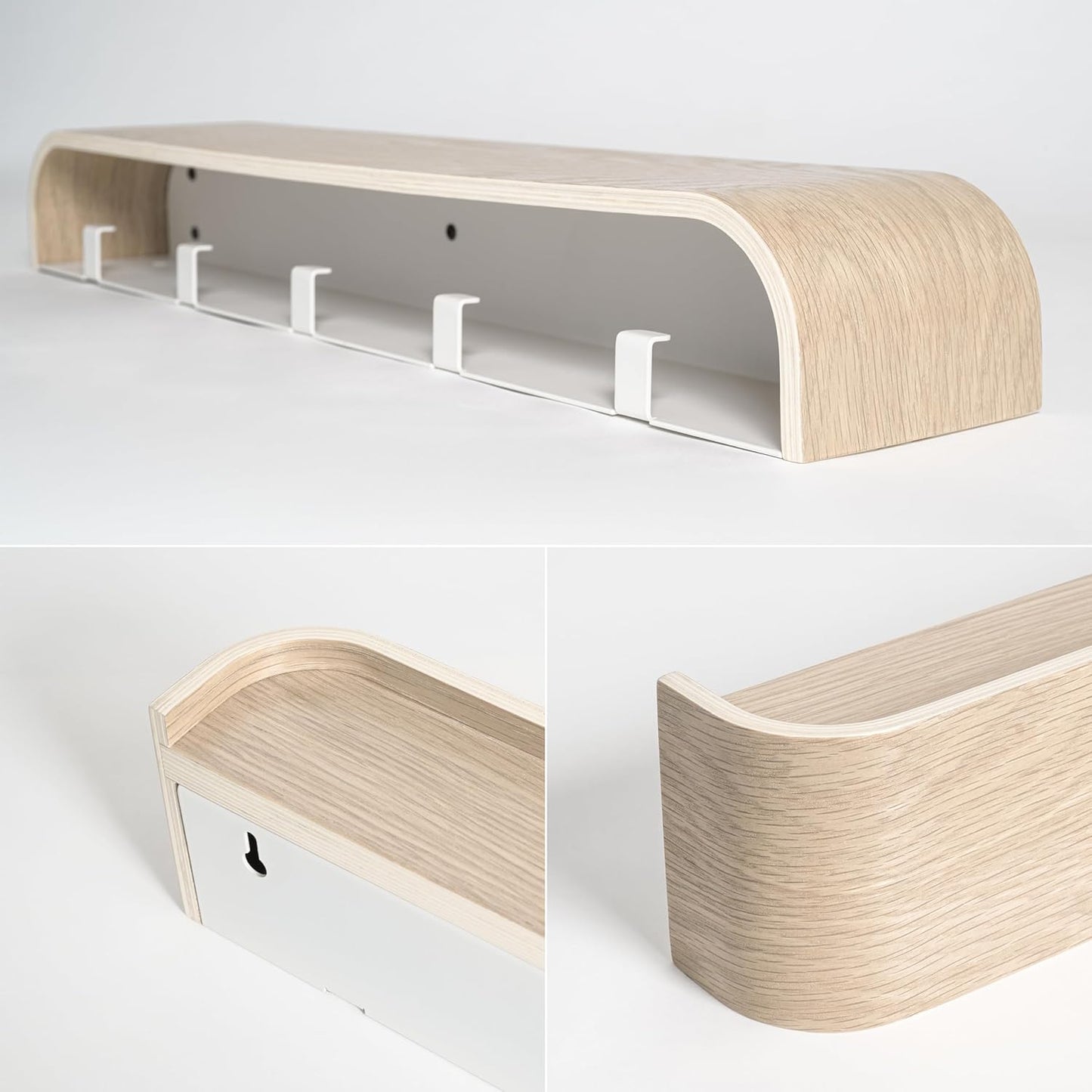 Kazai. Wall-Mounted Coat Rack 'Toke' - Modern Design Coat Rack with Hidden Wall Hooks - Solid Wood Veneer Panel Coat Hanger - Oak, White