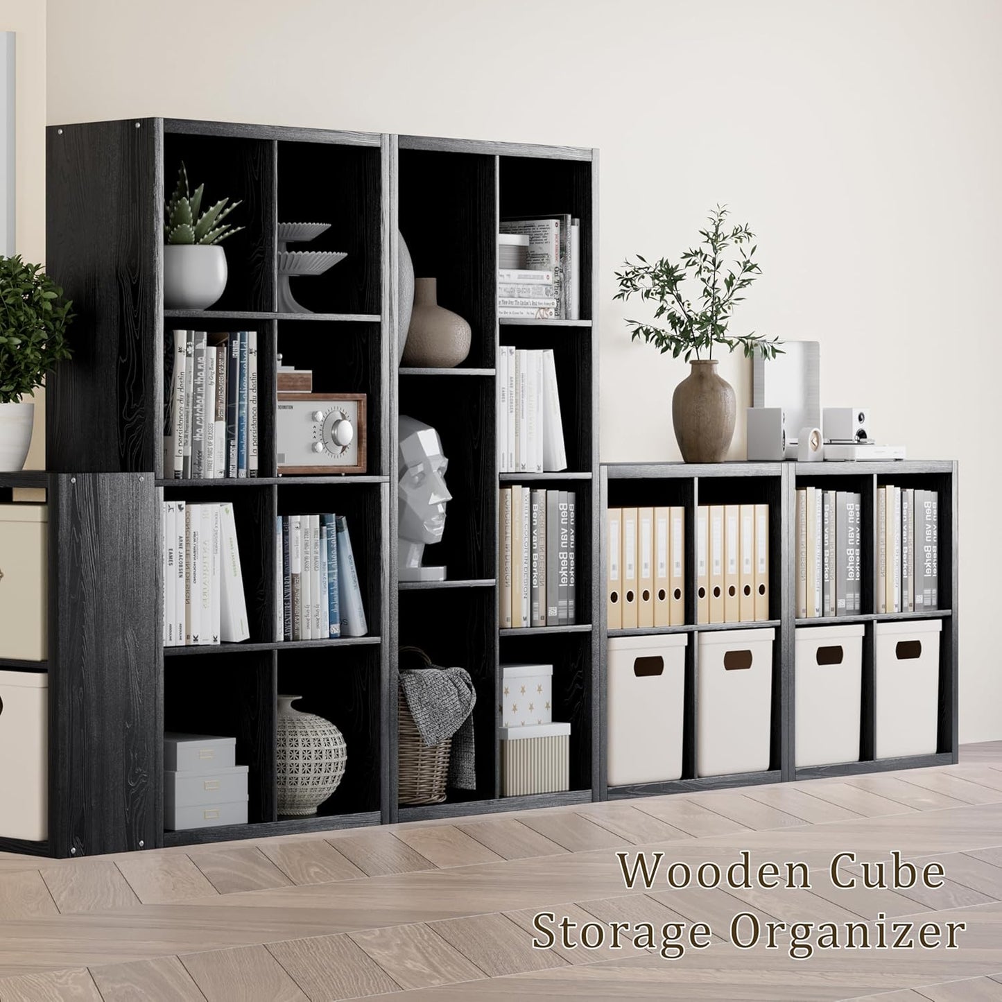 Cube Storage Organizer Bookcase, Decorative 11 inch Open Back Cubical Shelf with Thickened Border, Display Bookshelf for Living Room, Home Office, Sturdy Room (Black, 8 Cube)