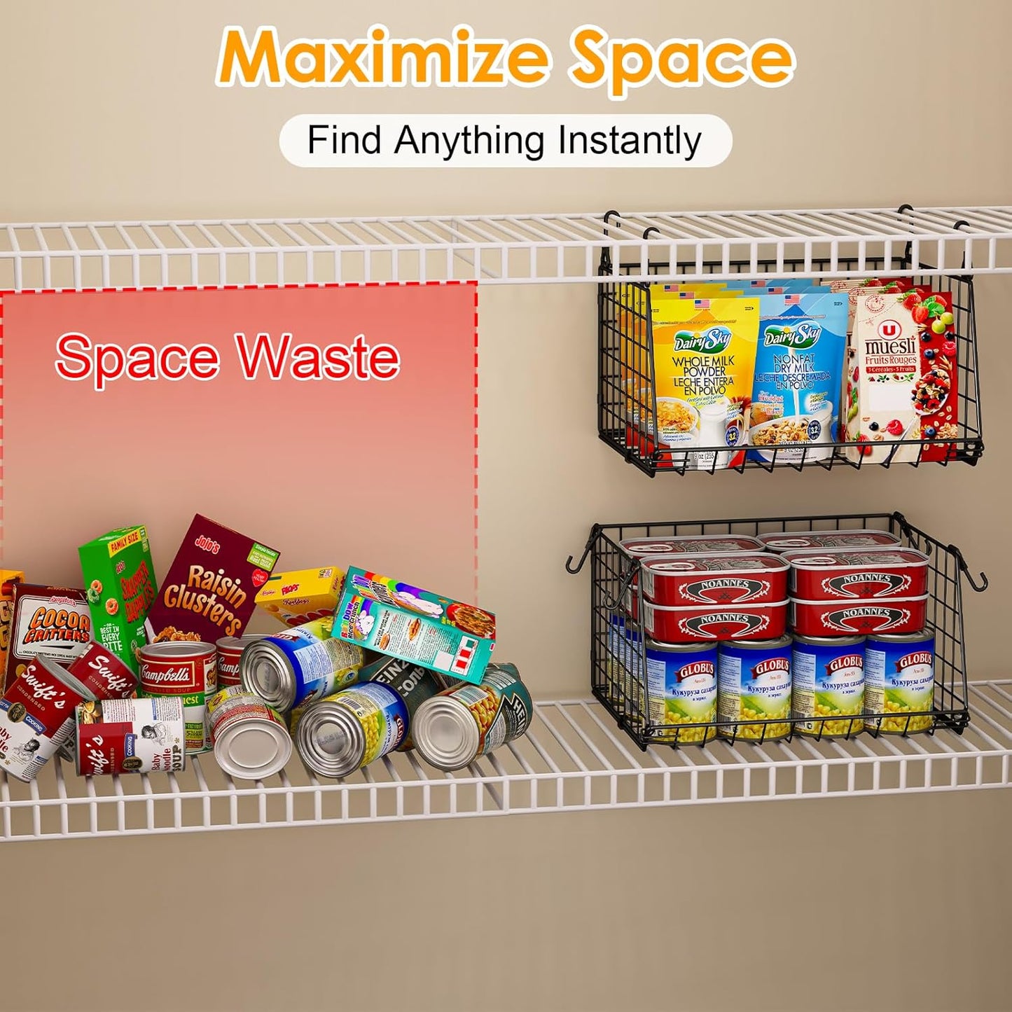 3-Pack Under Shelf Hanging Baskets - Space Saving Pantry Shelf Organizer with 360° Rotating Hooks for Kitchen Storage, Foldable Small Space Solutions for Pantry Organization, Black
