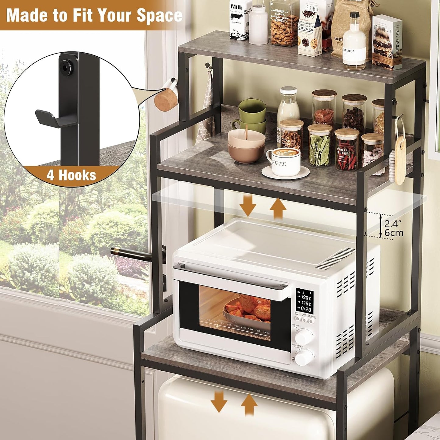 3-Tier Kitchen Bakers Rack with Adjustable Shelves, Freestanding Kitchen Microwave Stand with Storage, Split Design Coffee Bar Shelf for Home Office (Black Oak, 25.6")