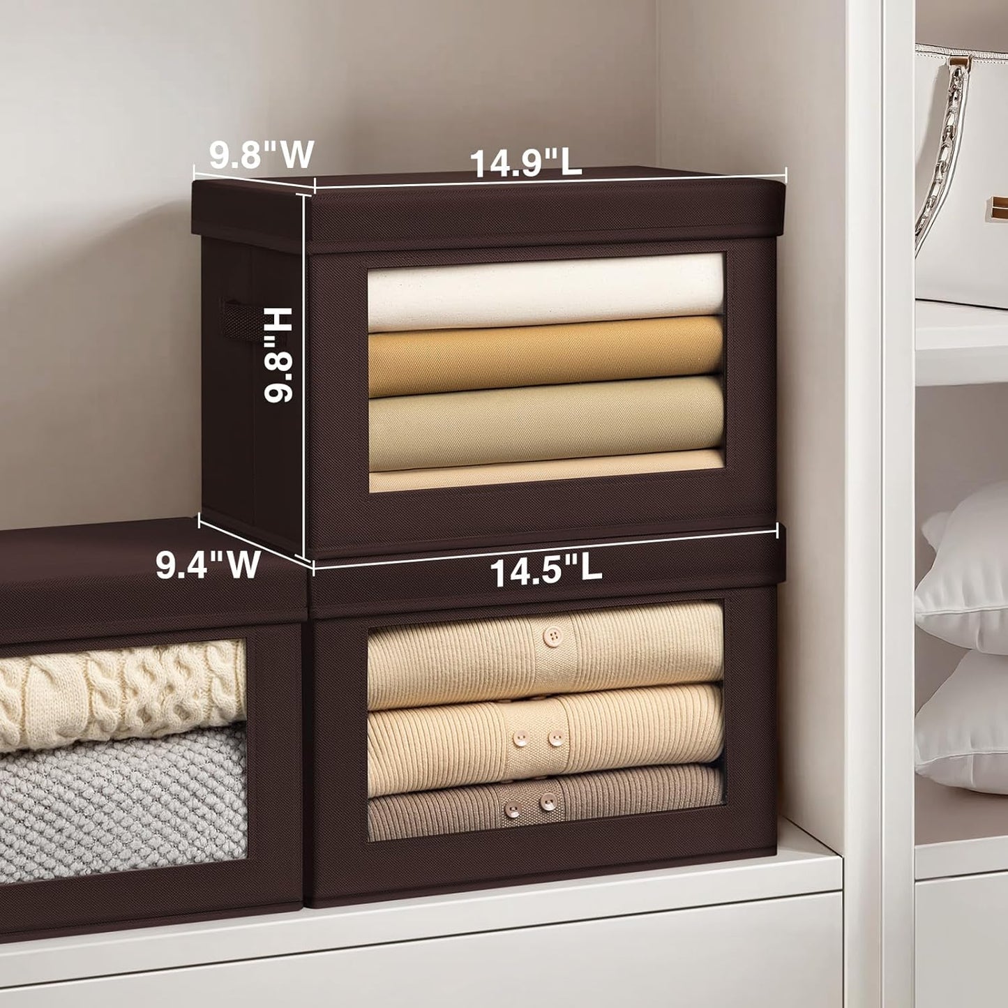 Collapsible Storage Bins with Clear Window - Clothes Organizers and Storage, Decorative Boxes with Lid, Fabric Storage Cube, Storage Baskets for shelves, Yarn, Home, Brown, 4-Pack