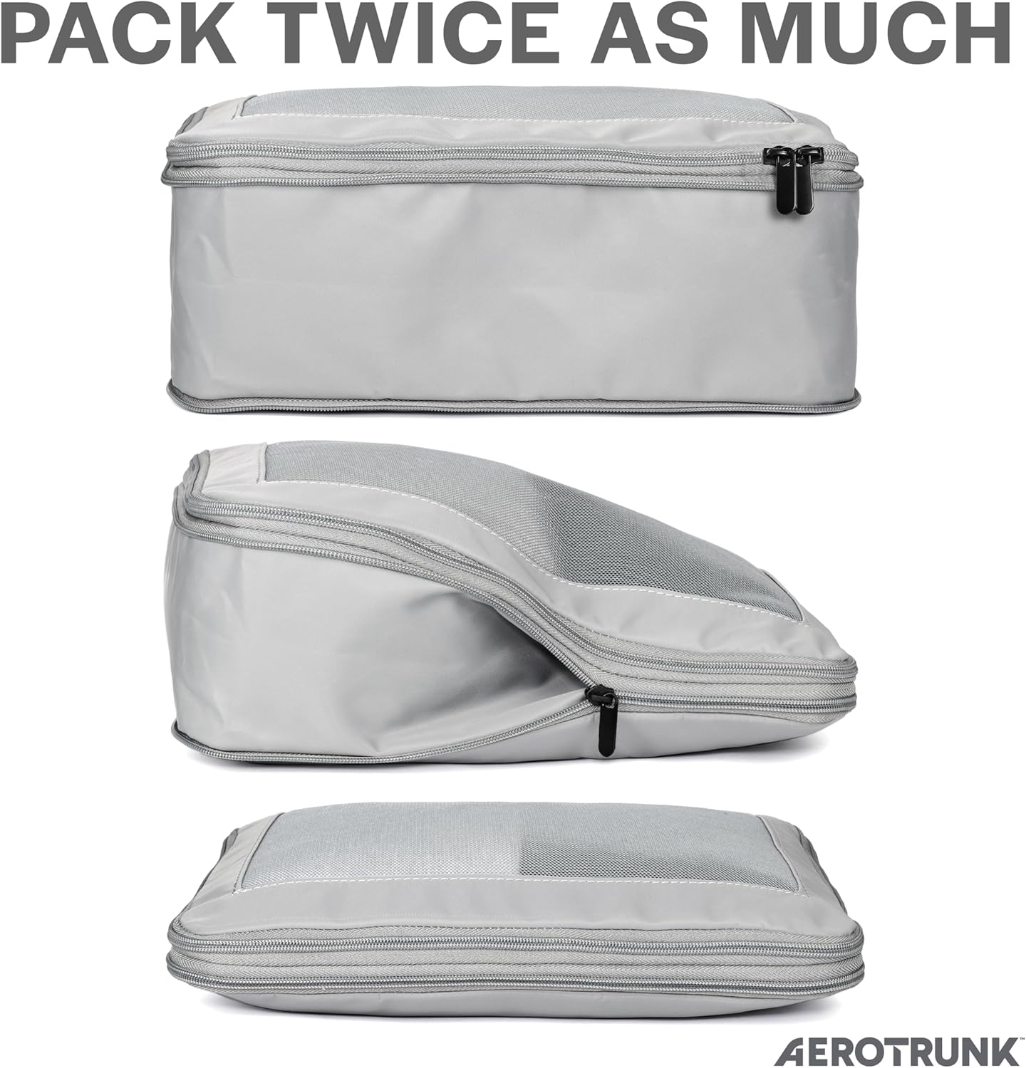 Aerotrunk Compression Packing Cubes for Travel - Luggage Organizer Bags - Double Zipper Packing Cubes for Suitcases (2-Pack, Light Grey)