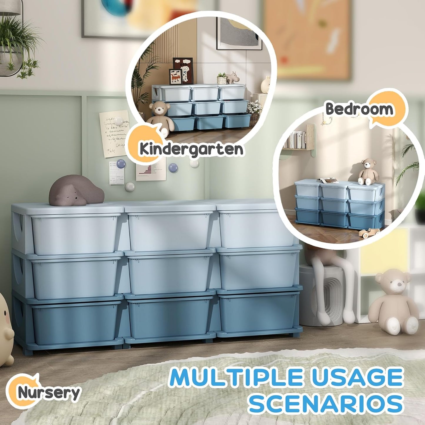 Qaba 3 Tier Kids Storage Unit, 9 Drawer Chest Toy Organizer Plastic Bins for Kids Bedroom Nursery Kindergarten Living Room for Boys Girls Toddlers, Blue