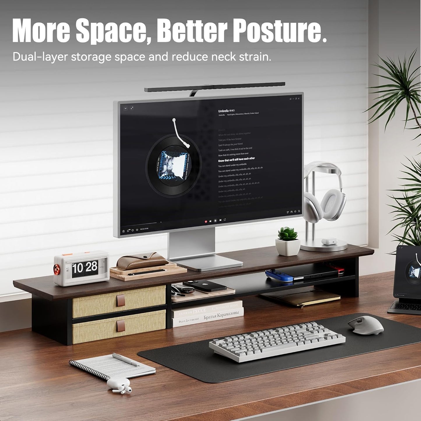 Dual‑Tier Monitor Stand Riser with Drawers, Desktop Organizer Shelf Storage for Computer Screen 2 Monitors, Supports for PC Computer Monitor, Printer, Heavy TV Riser Brown and Black