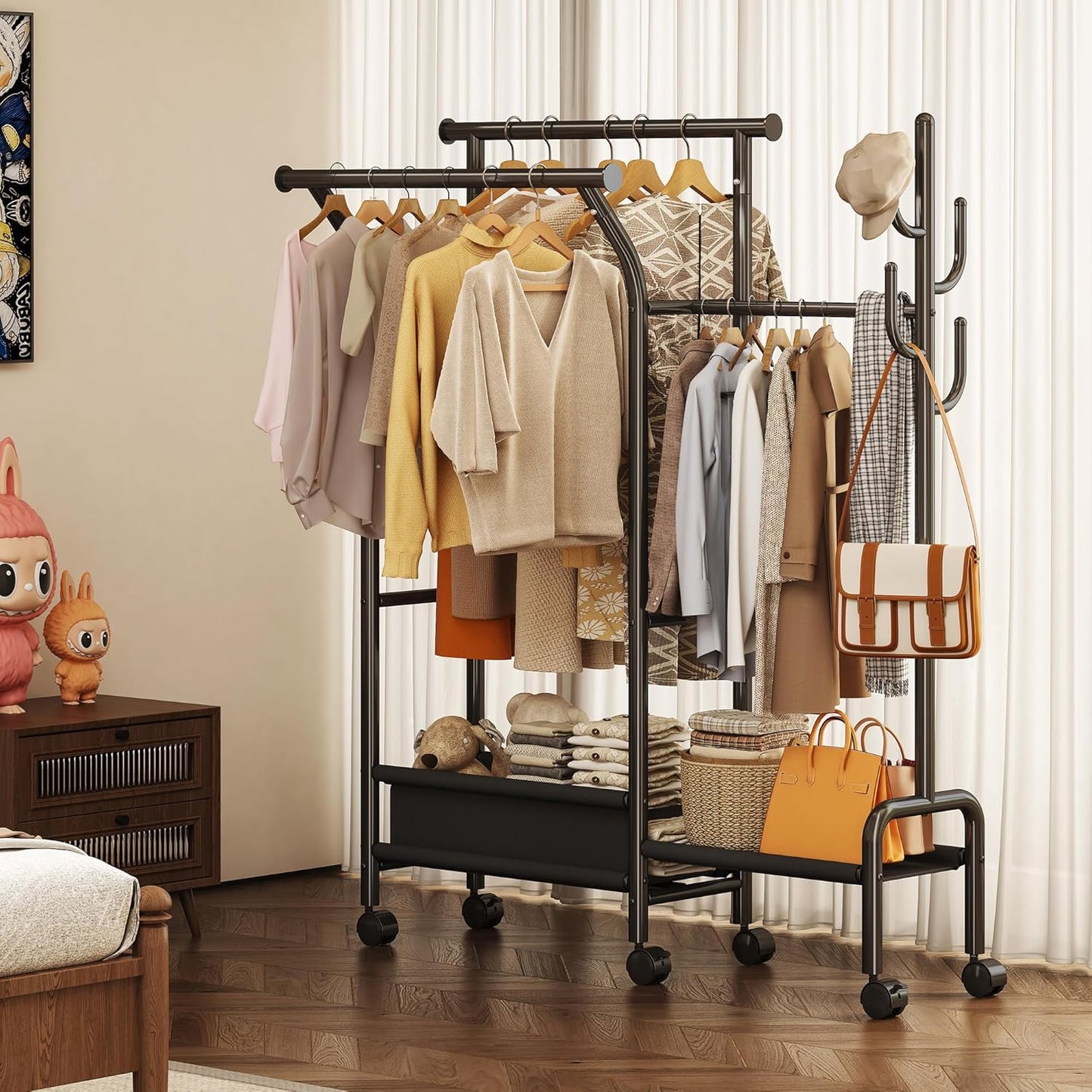 Homeiju Heavy Duty Clothes Rack Load 500LBS, Three Rods Clothing Racks for Hanging Clothes Extendable, Rolling Garment Rack with Sturdy Wheels, Basket, Storage Shelves, Black