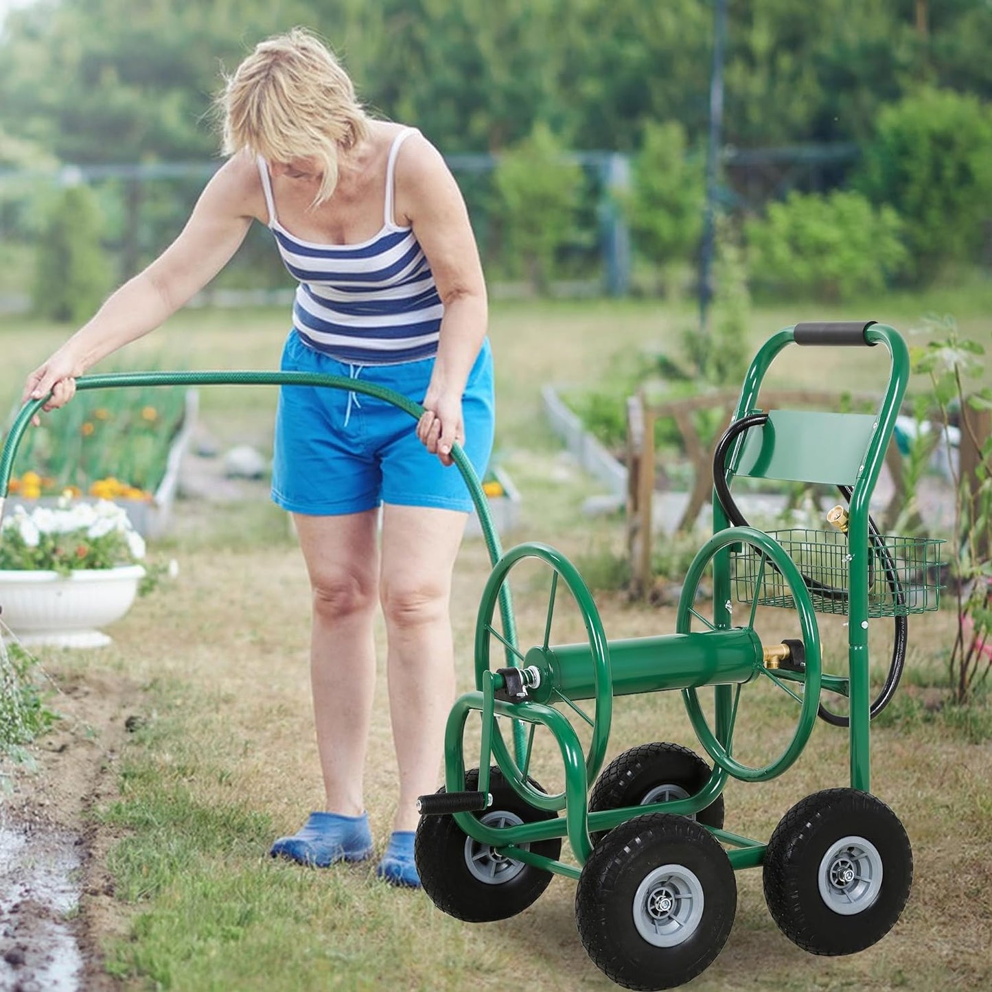 Hose Reel Hold Up To 300 Ft Heavy Duty Garden Hose Reel Sturdy Water Hose Reel Cart with 4 Wheels Storage Basket for Garden Lawn Yard Outdoor (Green)