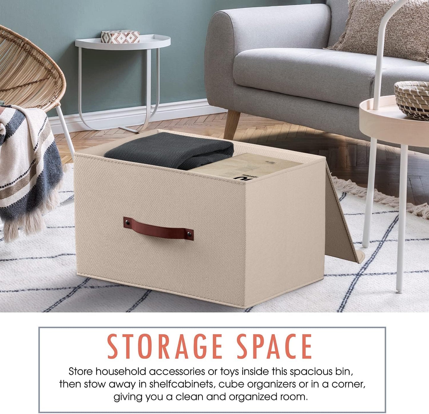 Ornavo Home 3 Pack Collapsible Storage Bins with Lid, Foldable Linen Fabric Shelf Storage Basket Closet Organizer and Large Storage Box for Clothes with Leather Handles, 16.5 x 11.8 x 7.5, Beige