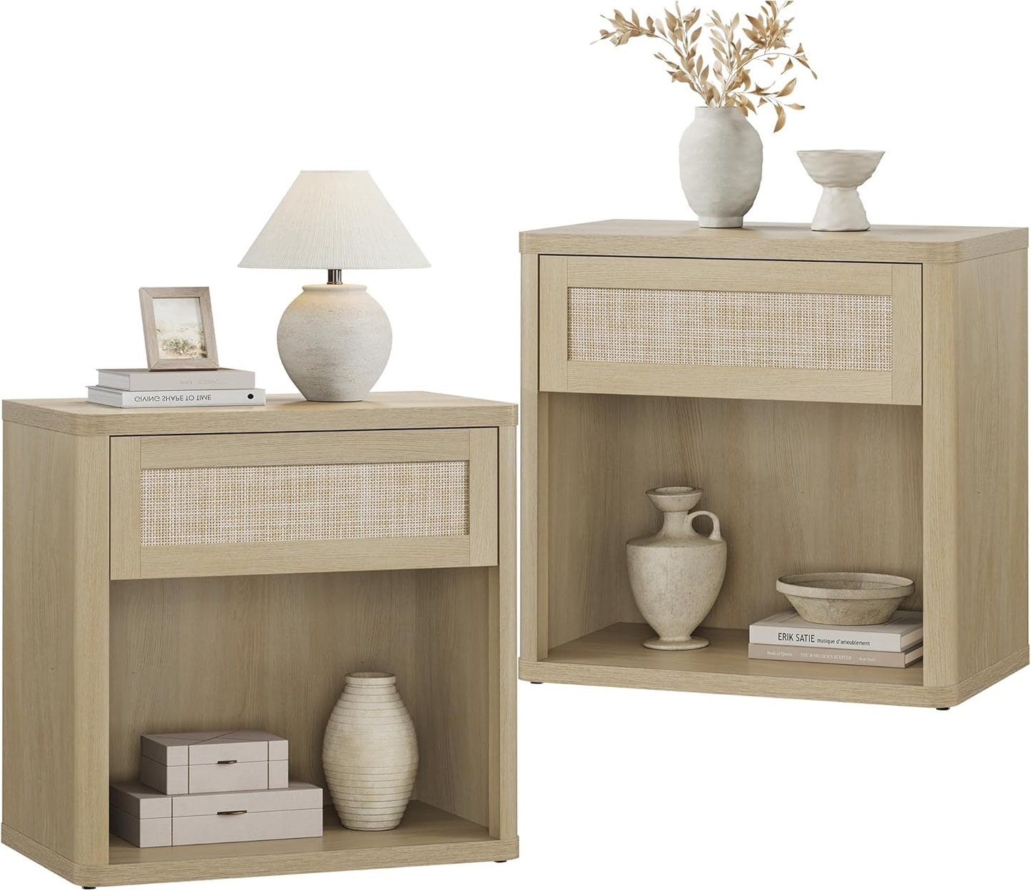 SICOTAS Night Stand Set of 2 26" Wide Large Nightstands with Drawer & Shelf Storage Rattan Bedside Table Boho End Table Tall Bed Side Tables Night Stands for Bedroom Living Room Sofa Office, Sand Oak