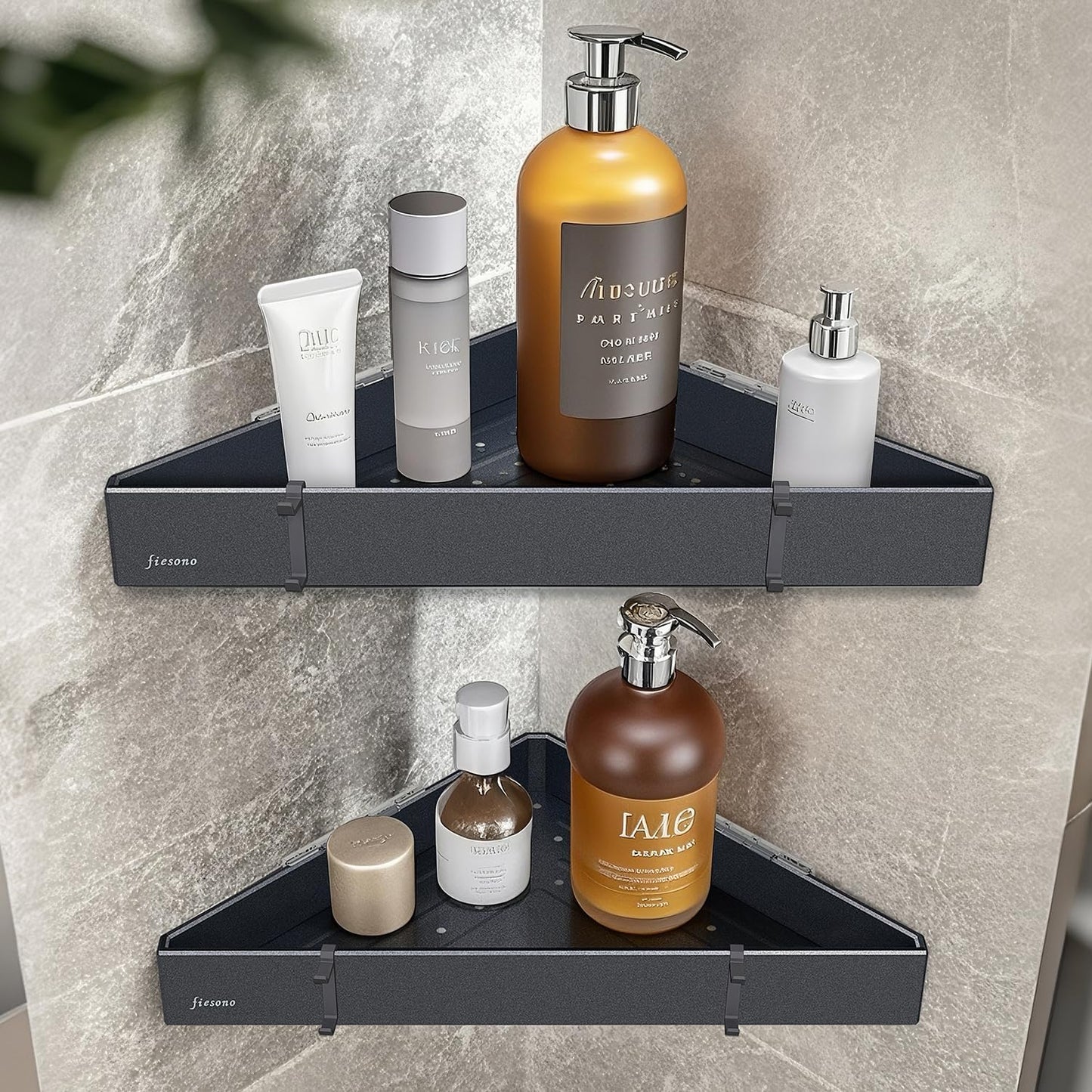 2-Tier Corner Shower Shelves with Hooks, Rustproof Metal Shower Corner Caddy Organizer for Bathroom Toilet Kitchen, Fast Drain and Space Saving