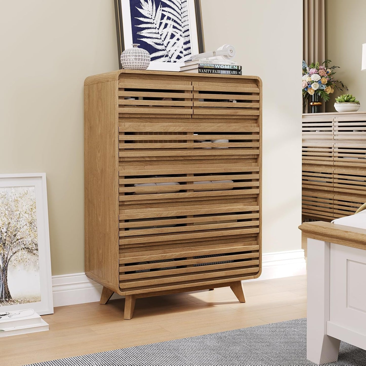 Tall Dresser and Nightstand Sets for Bedroom, 3 Piece Bedroom Set, Fluted 6 Drawer Dresser and Nightstand Set of 2, Wood Chest of Drawers Storage Organizer Cabinet Set, Natural Oak
