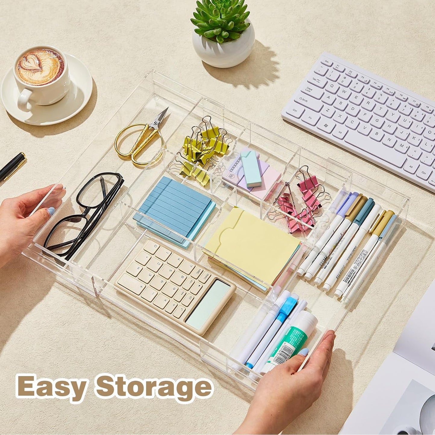 1 Pcs Acrylic Desk Drawer Organizer 2 Inch Height Expandable Drawer Organizer Trays with Adjustable Compartments Desk Accessories for Makeup Silverware Office Bathroom(Clear, Classic)