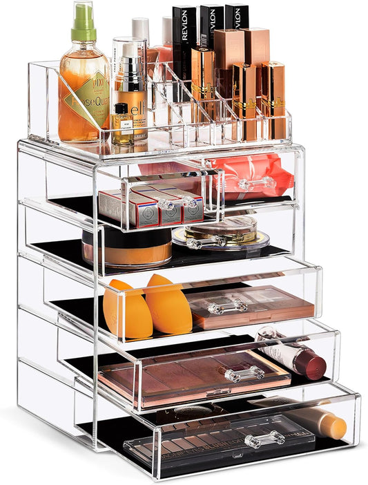 Sorbus Acrylic Makeup Organizer Set, 6-Drawer Vanity & Countertop Cosmetic Storage with Small & Wide Compartments, Clear Makeup Storage for Brushes, Lipsticks, Jewelry – Holiday Gift for Women & Teens