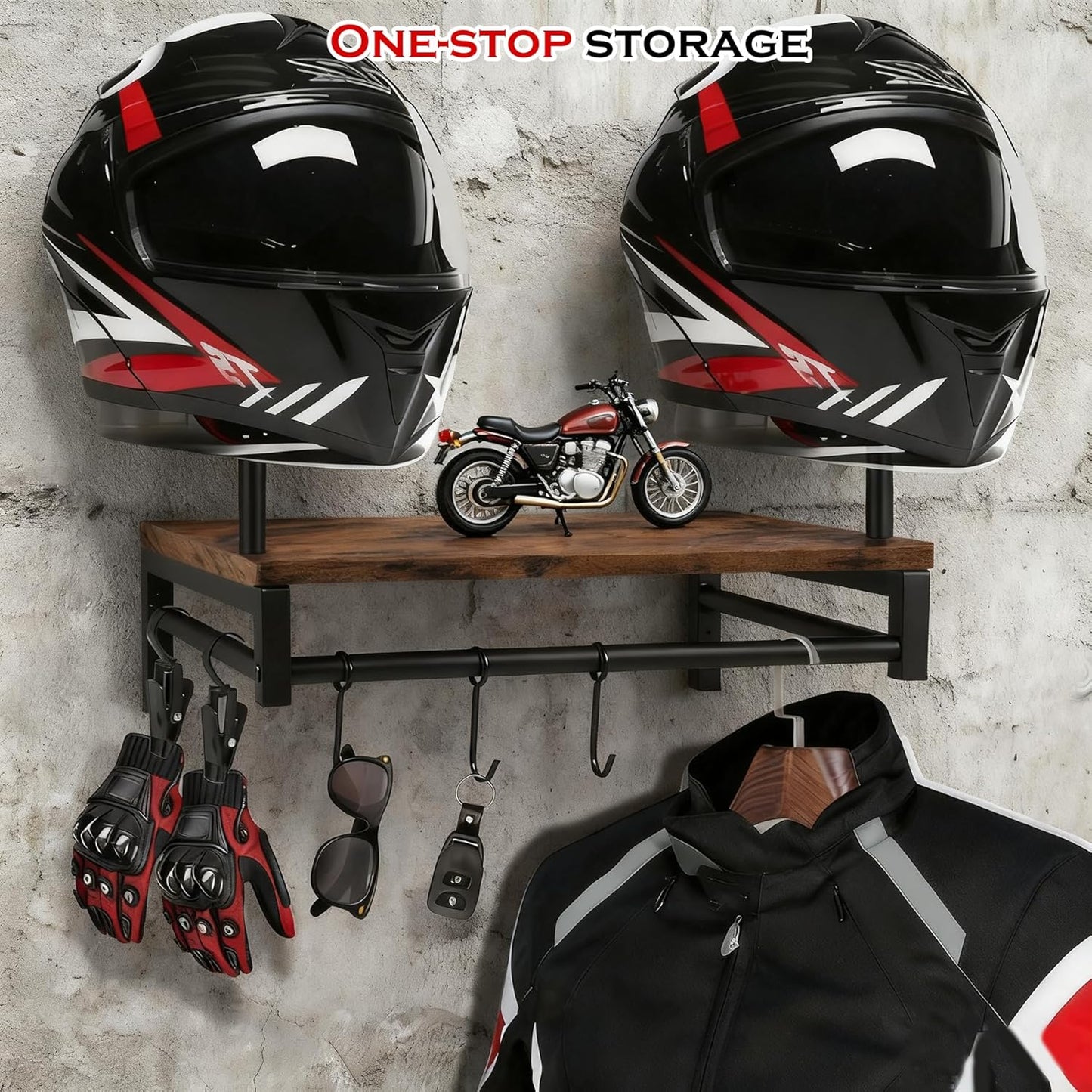 Motorcycle Helmet Holder Wall Mount, Gear Storage Rack with 4 Glove Clips, Wood and Metal Helmet Stand