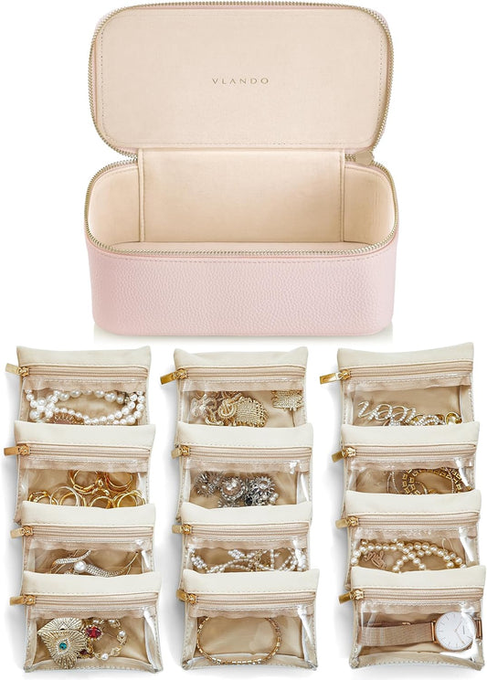 Vlando Jewelry Box with 12 Velvet Jewelry Bags Travel Jewelry Case for Girls Jewelry Organizer for Travelers Birthday Christmas Gift Ideas for Women (Pink)
