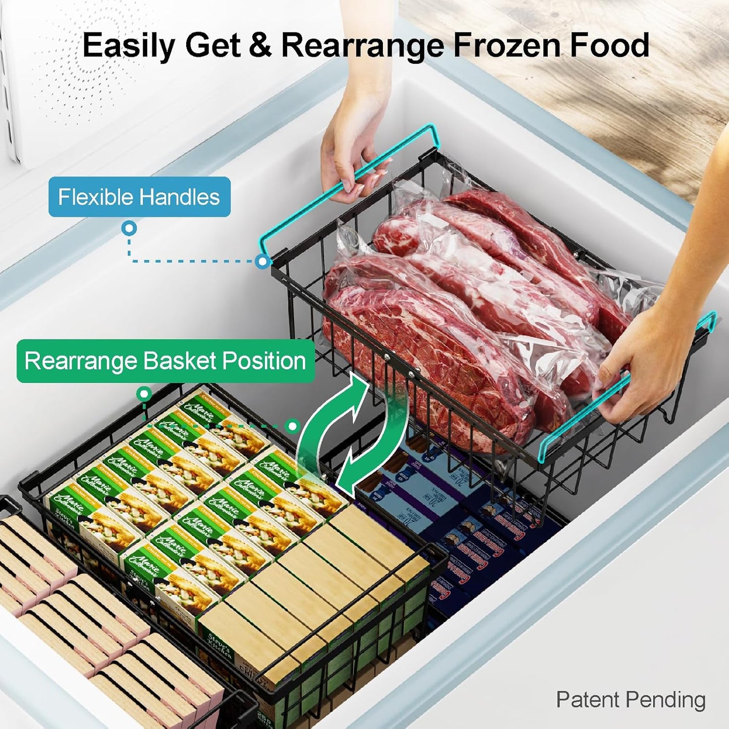 iSPECLE Freezer Organizer Bins - Fit 10 to 20 Cu.FT Deep Freezer, 4 Pack Large Expandable Stackable Chest Freezer Organizer Bins Sort Frozen Food and Easily Get without Digging in the Freezer, Black