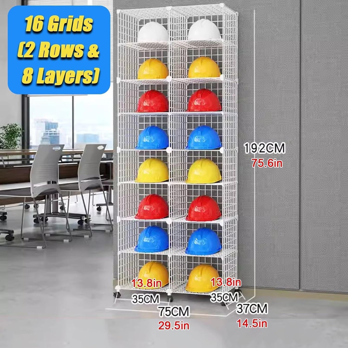 Stackable Safety Helmet Storage Boxes, Large Adjustable Hard Hat Placement Organizer Rack,with Wheels,for Construction Site/Garage/Workshop/Factory Helmet Display Shelf (White, 16 Grids-2 * 8)