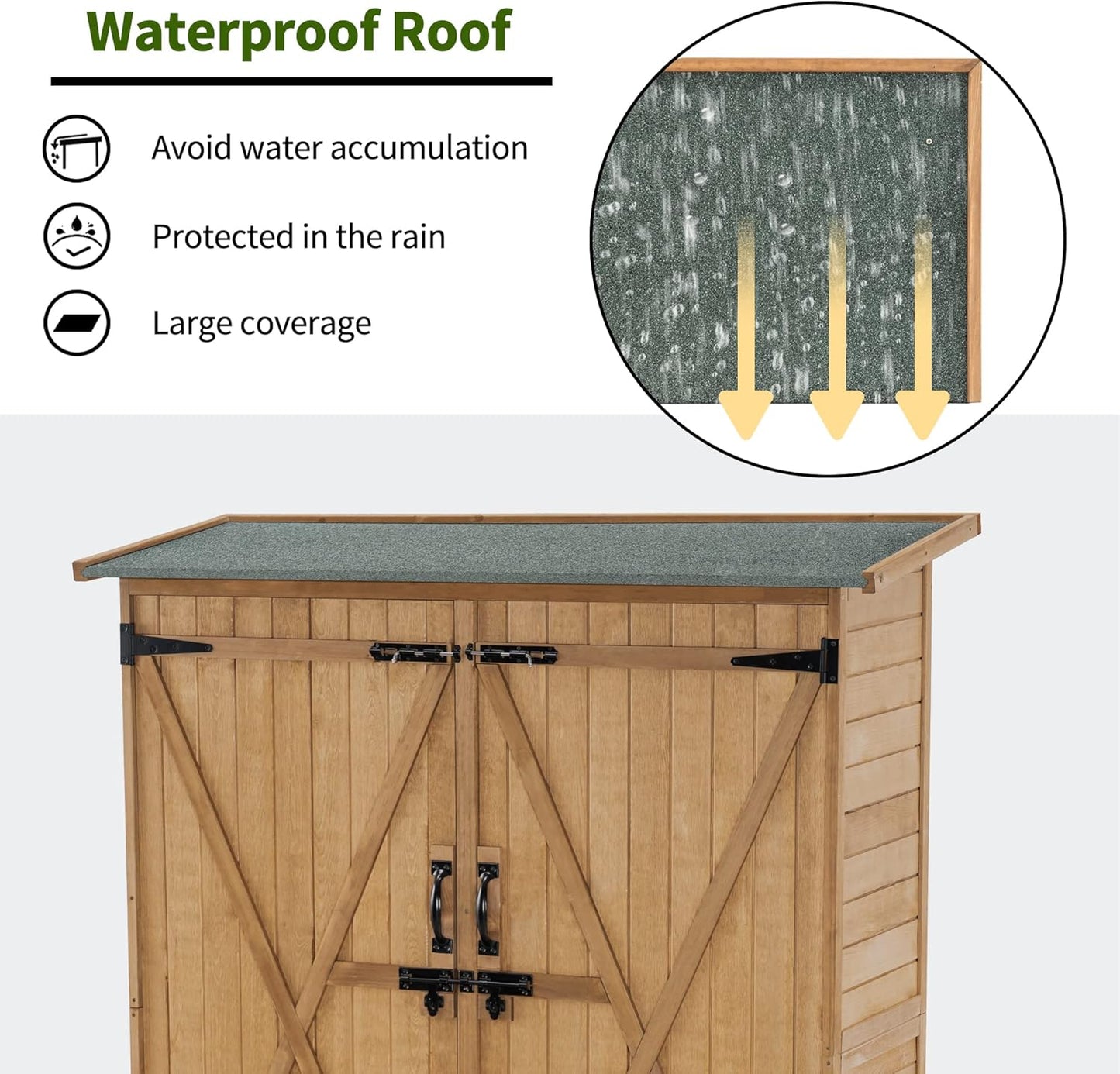 MCombo Outdoor Storage Cabinet with Shelves, Wood Garden Shed with Floor, Outside Tool Shed with 2 Lockable Doors for Yard Patio Lawn, 1400 (Natural)