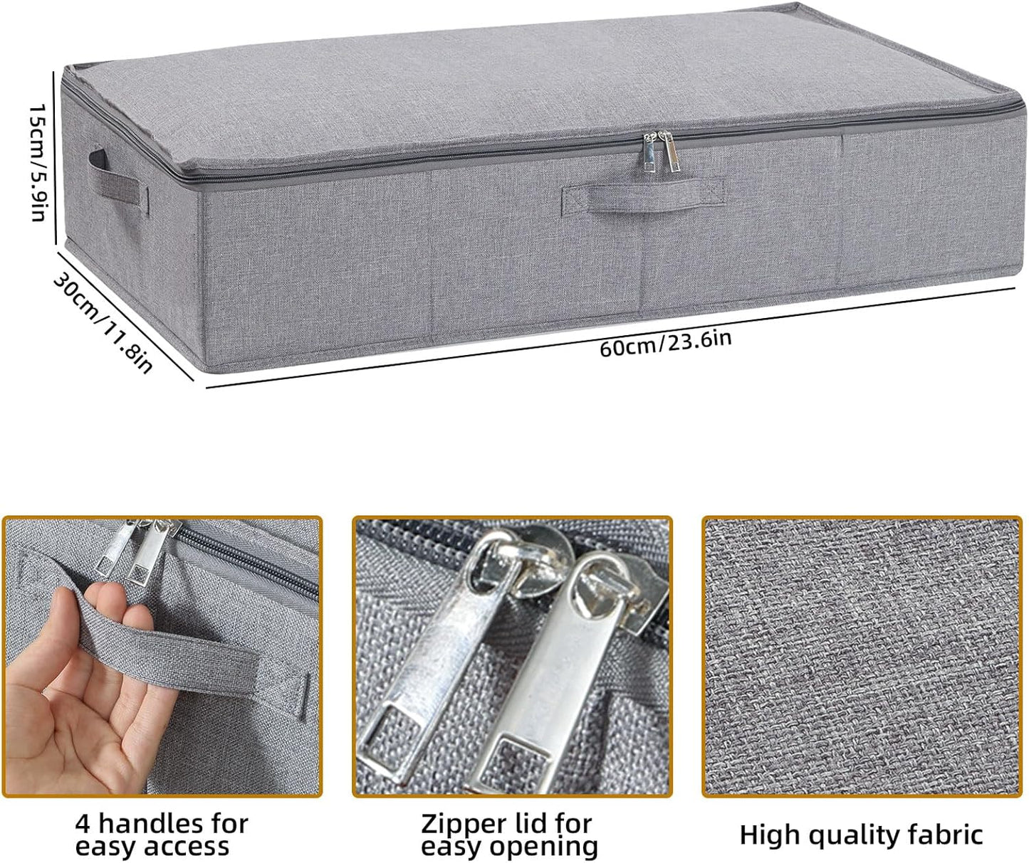Underbed Storage Organizers, 23.6 x 11.8 x 5.9 Inch Fabric Container Bags with Lids, Storage Boxes for Blanket, Pillows, Shoes, Grey, 3 Pack