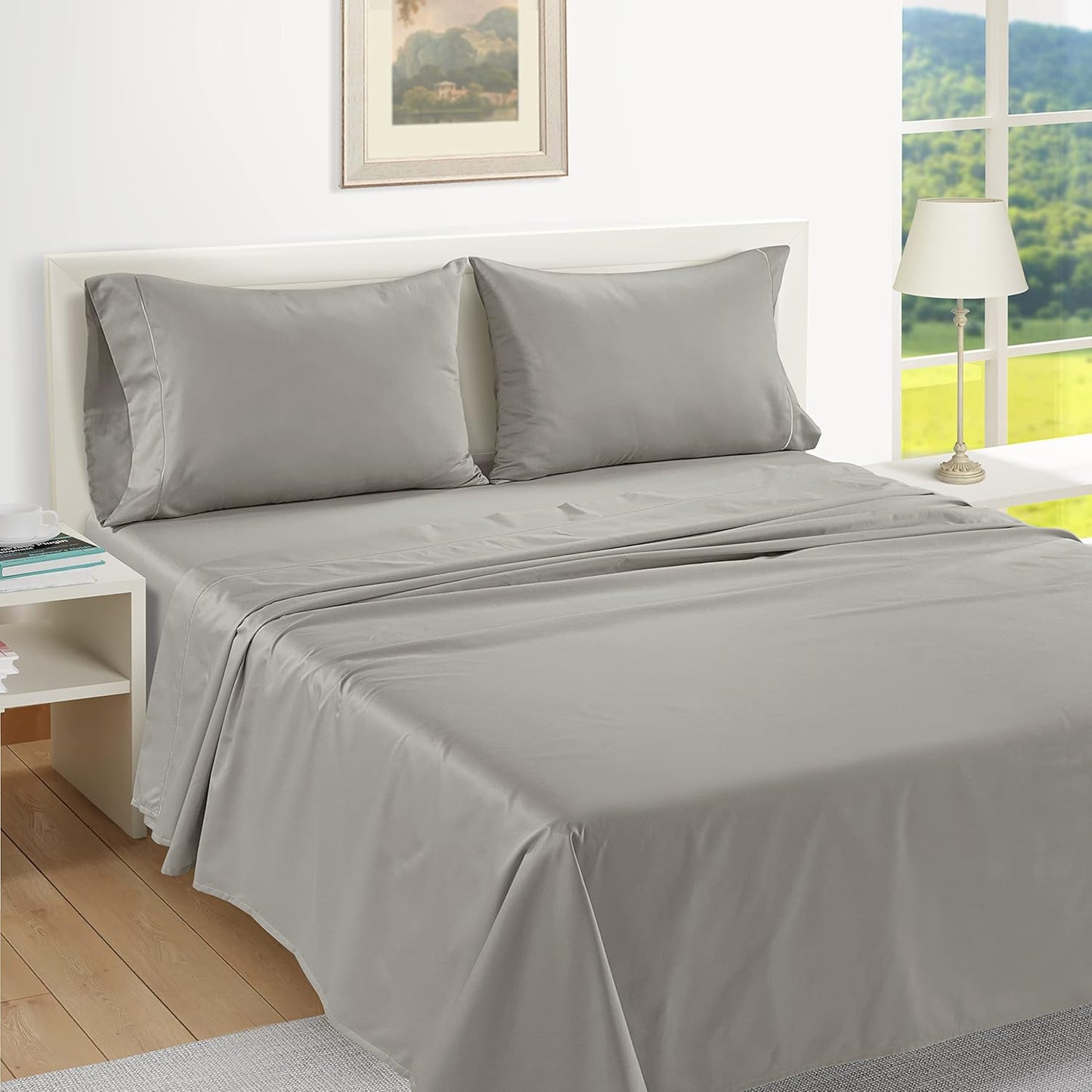LANE LINEN Pillow Case Covers King Set of 2 100% Egyptian Cotton Sateen Soft Cool & Smooth 1000 Thread Count Cases - Silver