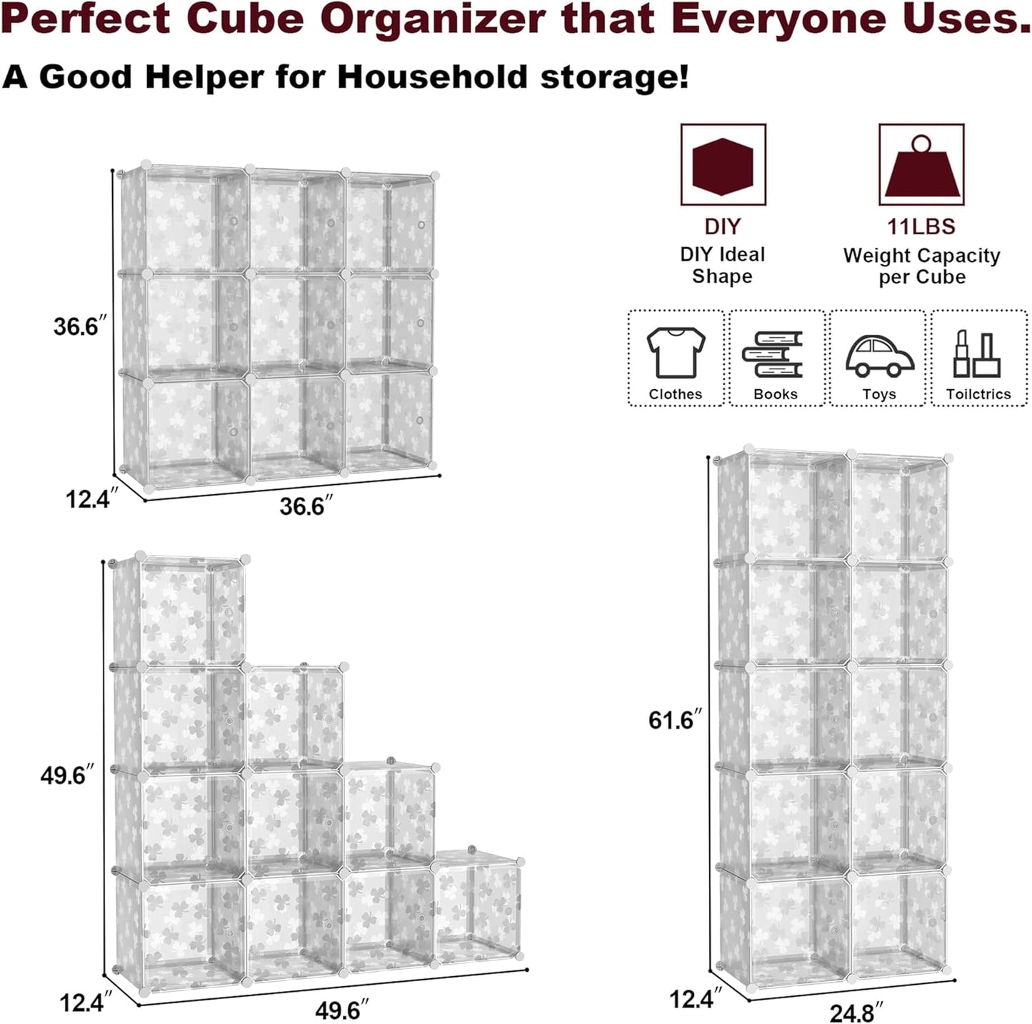 C&AHOME Cube Storage Organizer with Doors, 10-Cube Shelves, DIY Plastic Modular Bookshelf, Closet Clothes Storage Shelving Ideal for Bedroom, Living Room, Clover Embossed, White