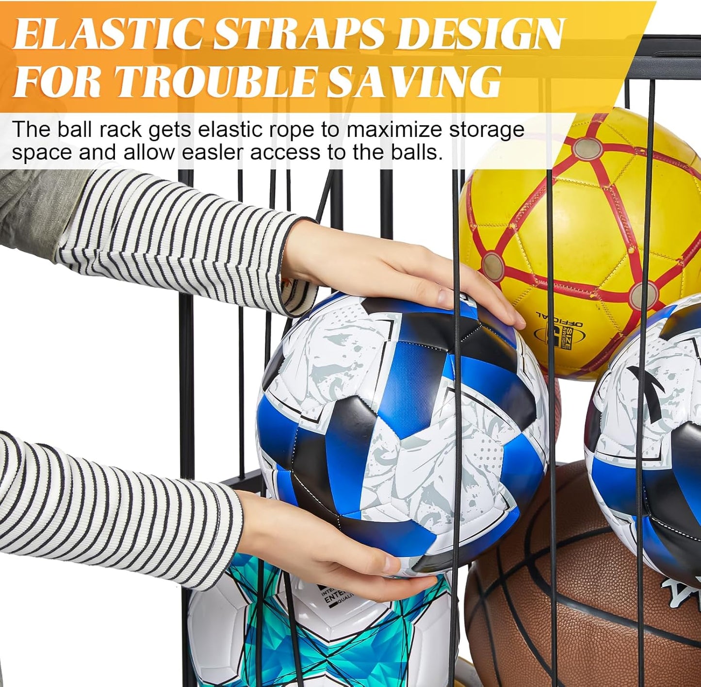 Garage Ball Storage With Baseball & Badminton Holder: Floor Sports Equipment Organizer, Sports Ball Rack With Elastic Rope, Ball Holder for Basketball, Soccer, Volleyball, Football, Garage, Gym, Black