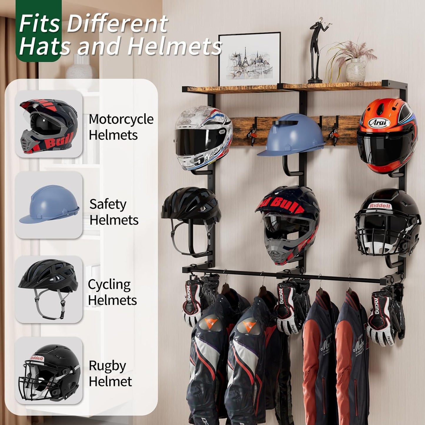 Motorcycle Helmet Rack with 6 J-hooks& 6 Clip Hooks – Wall Mounted Helmet Holder Stand for 6 Helmets, Riding Suits & Accessories, Sturdy Construction Storage Organizer for Entryway or Garage