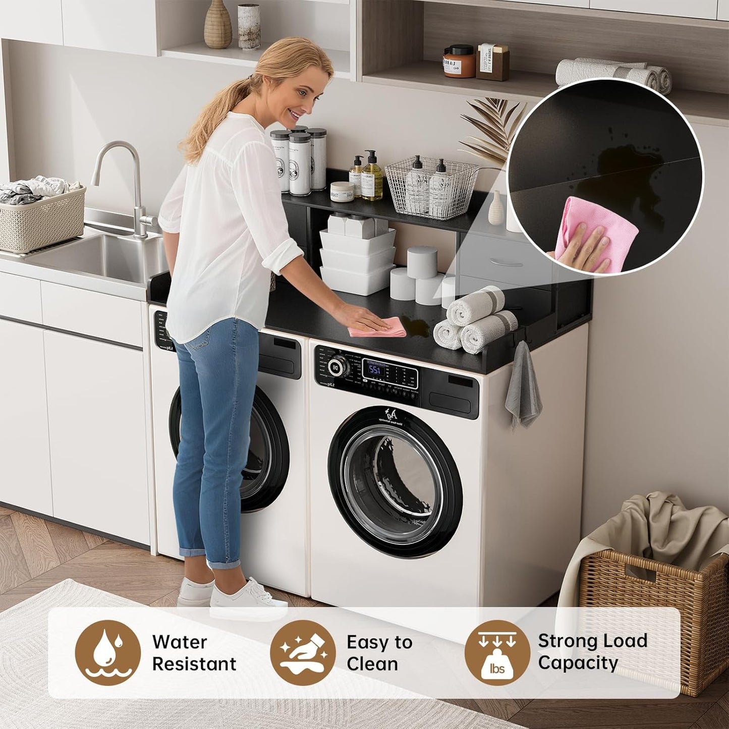 4 Drawers Washer Dryer Countertop with Shelf, 27.5" D x 54" W Laundry Topper with 3.54" High Guardrails and Non-Slip Pads,Extra Storage Organizer for Over Washer and Dryer, Holds 66 Lbs, Black