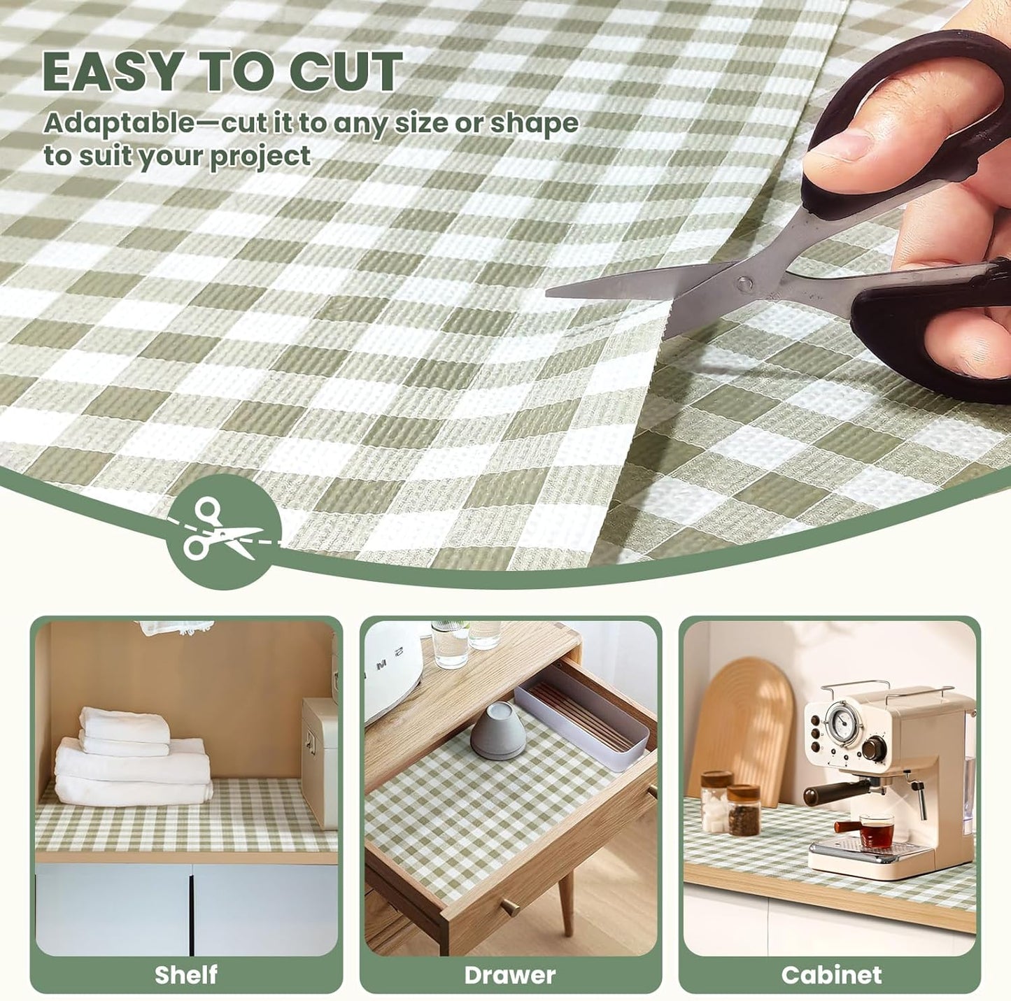 Drawer Liner and Shelf Liner for Kitchen Cabinet Liner Non-Adhesive Non-Slip Shelf Paper, Thick Strong Grip Waterproof Easy to Clean for Shelves, Cupboard, Desks, Green Plaid Pattern, 12 in x 40 FT