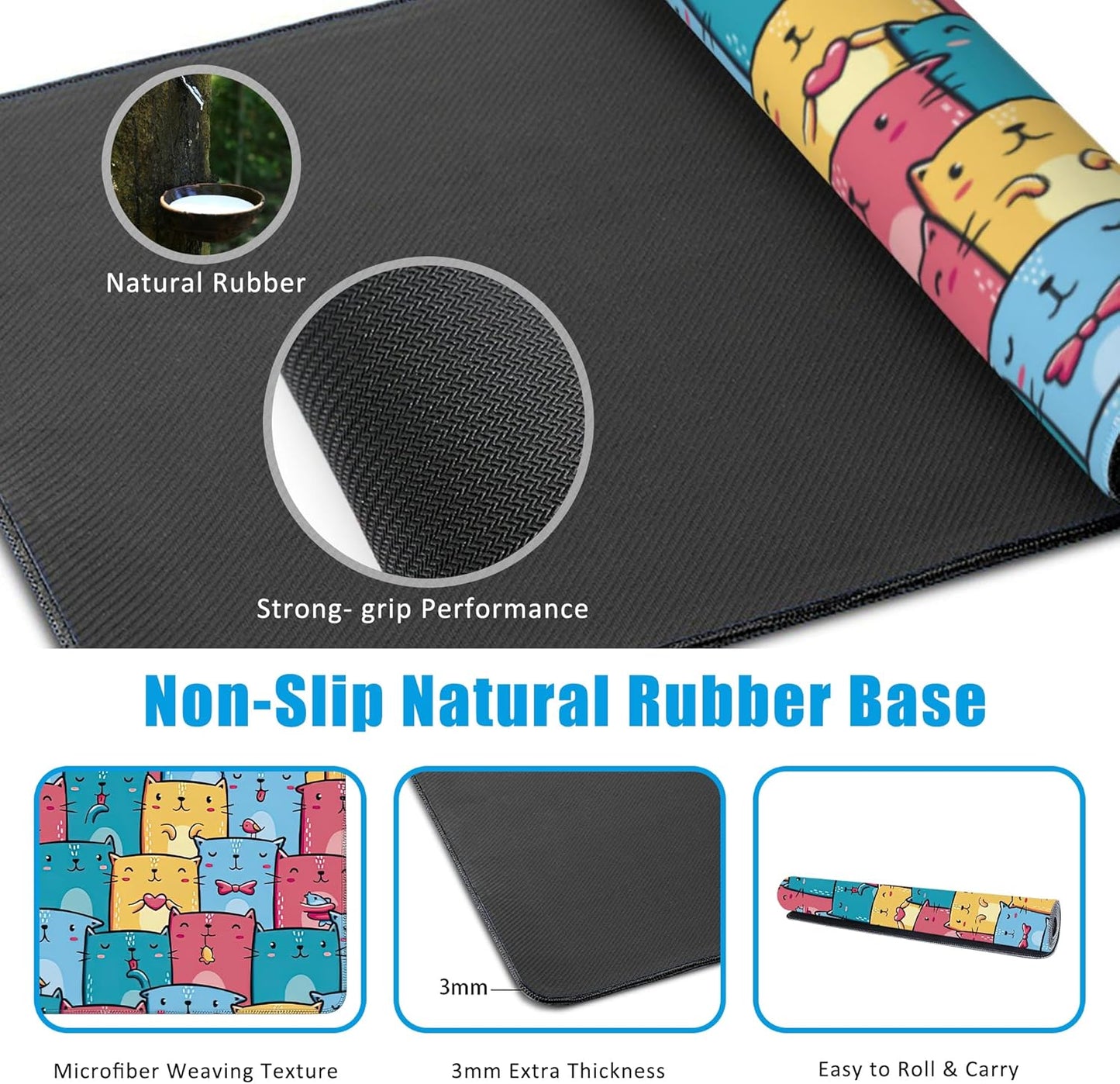 Kawaii Colorful Cats Desk Mat,Large Gaming Mouse Pad,Non-Slip Rubber Base Desk Pad with Stitched Edges for Desk Office Home Decor 35.4X15.7 Inch