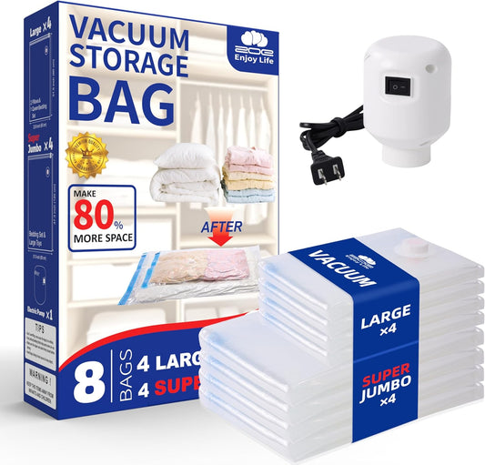 Vacuum Storage Bags with Electric Pump,8 Pack Extra Large Space Saving Vacuum Seal Bags for Bedding,Blanket,Comforters,Duvets,Pillows(4 Large+4 Super Jumbo)