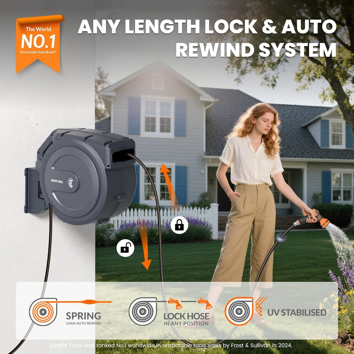 Giraffe Tools AW30 Retractable Garden Hose Reel 5/8inch x 62ft Hose Reels for Outside, with 9- Function Sprayer Nozzle, Any Length Lock/Slow Return System/Wall Mounted/180°Swivel Bracket