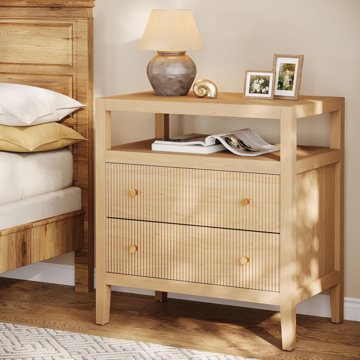 Tribesigns Modern Nightstand, 2-Drawer Nightstand with Open Storage Shelf, 29.52-Inch Wide Bedside Table Large Night Stand for Bedroom, Living Room, Oak (1)