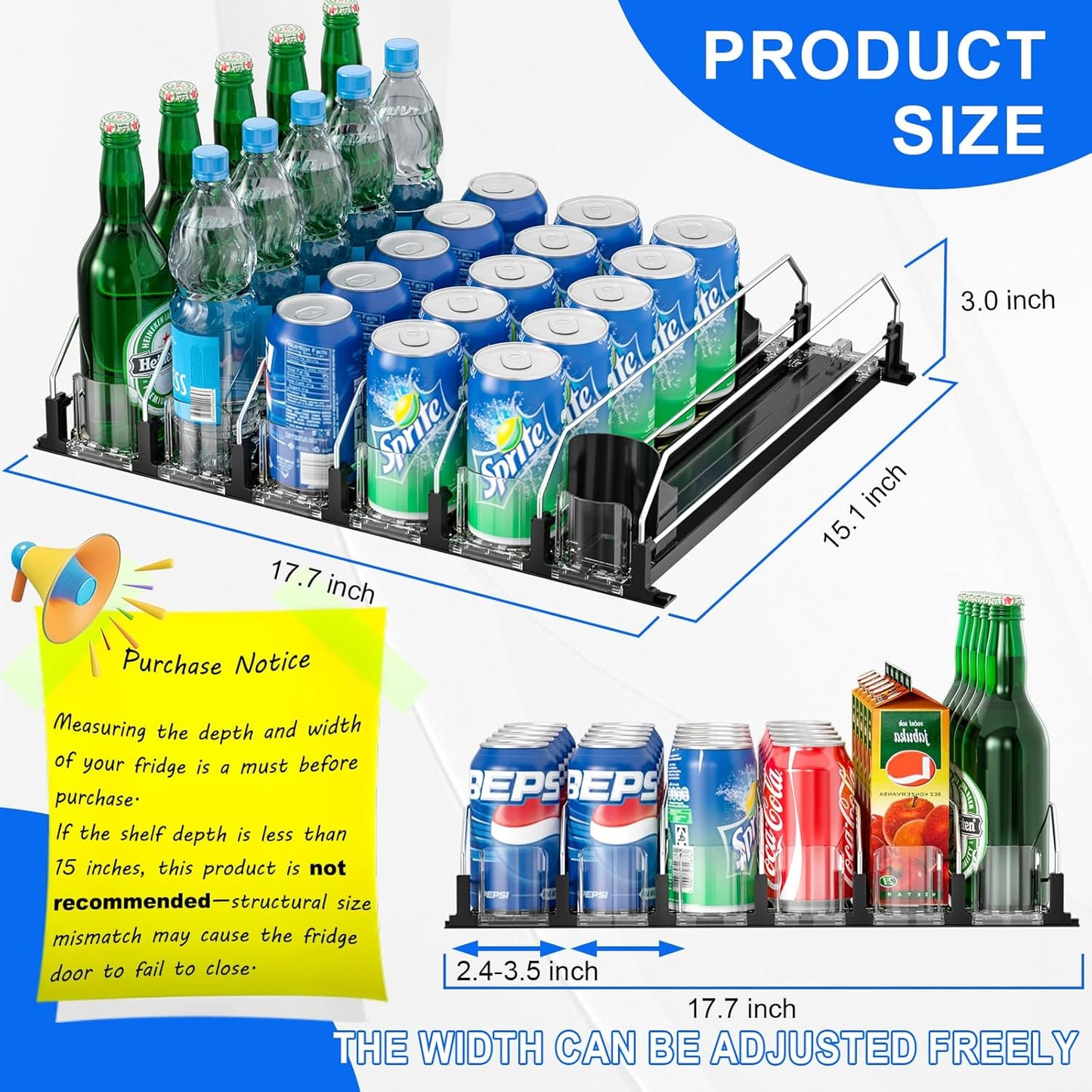 Drink Organizer for Fridge, Upgrade Soda Can Dispenser for Refrigerator, Automatic Pusher Glide Fridge Drink Organizer, Can Organizer for Refrigerator - Holds up to 25 Cans (5 Rows Black)