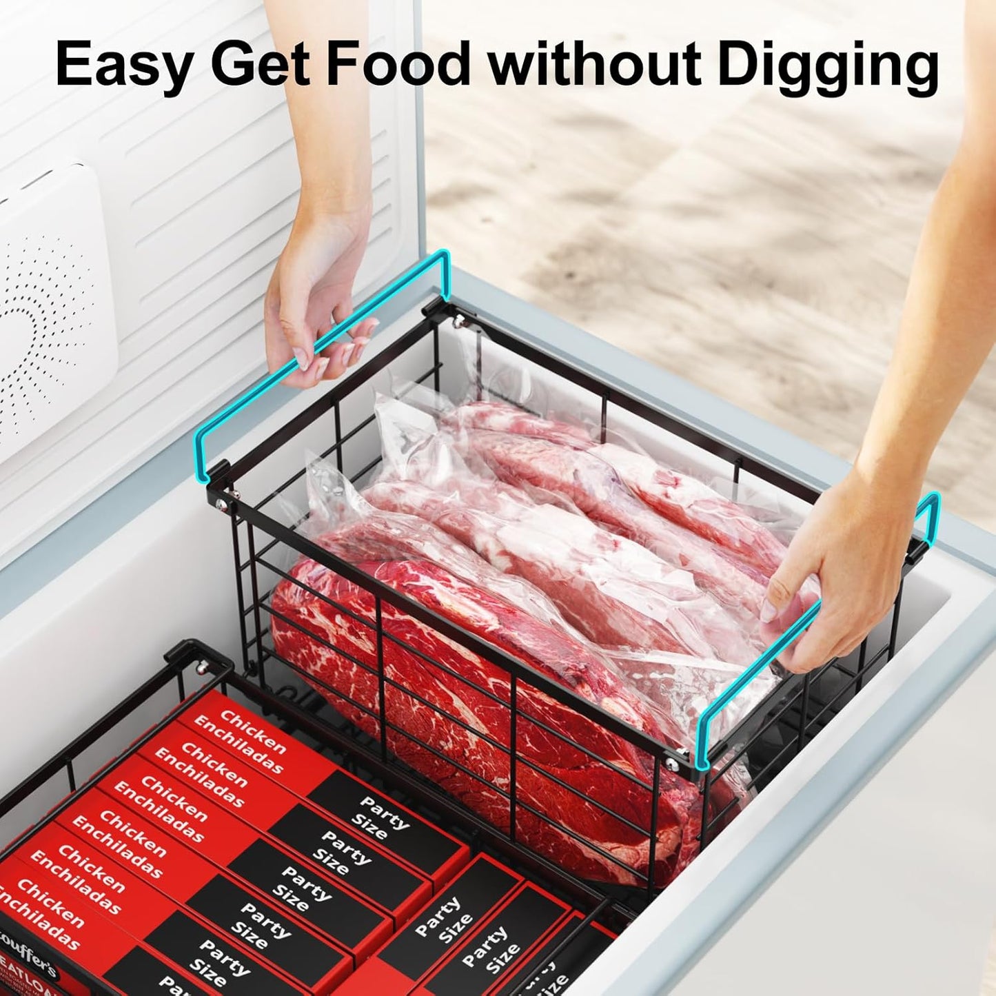 iSPECLE Freezer Organizer Bins - 3 Pack Large Deep Freezer Organizer Bins for 5 to 7 Cu.Ft Chest Freezer, Stackable Easy Access Food No More Digging, Sturdy Metal Wire Basket Not Scratch Bottom, Black