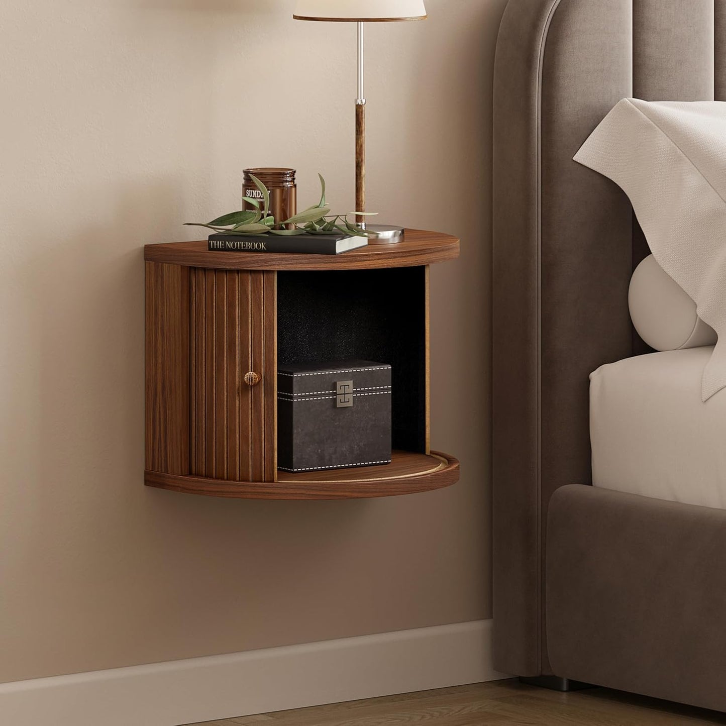 WERMO 16'' Floating Nightstand with Storage and Sliding Door - Floating Side Table for Living Room, Bedroom and Office. Mid Century Modern Nightstand Wood, Bedside Shelf Wall Mount (Walnut)