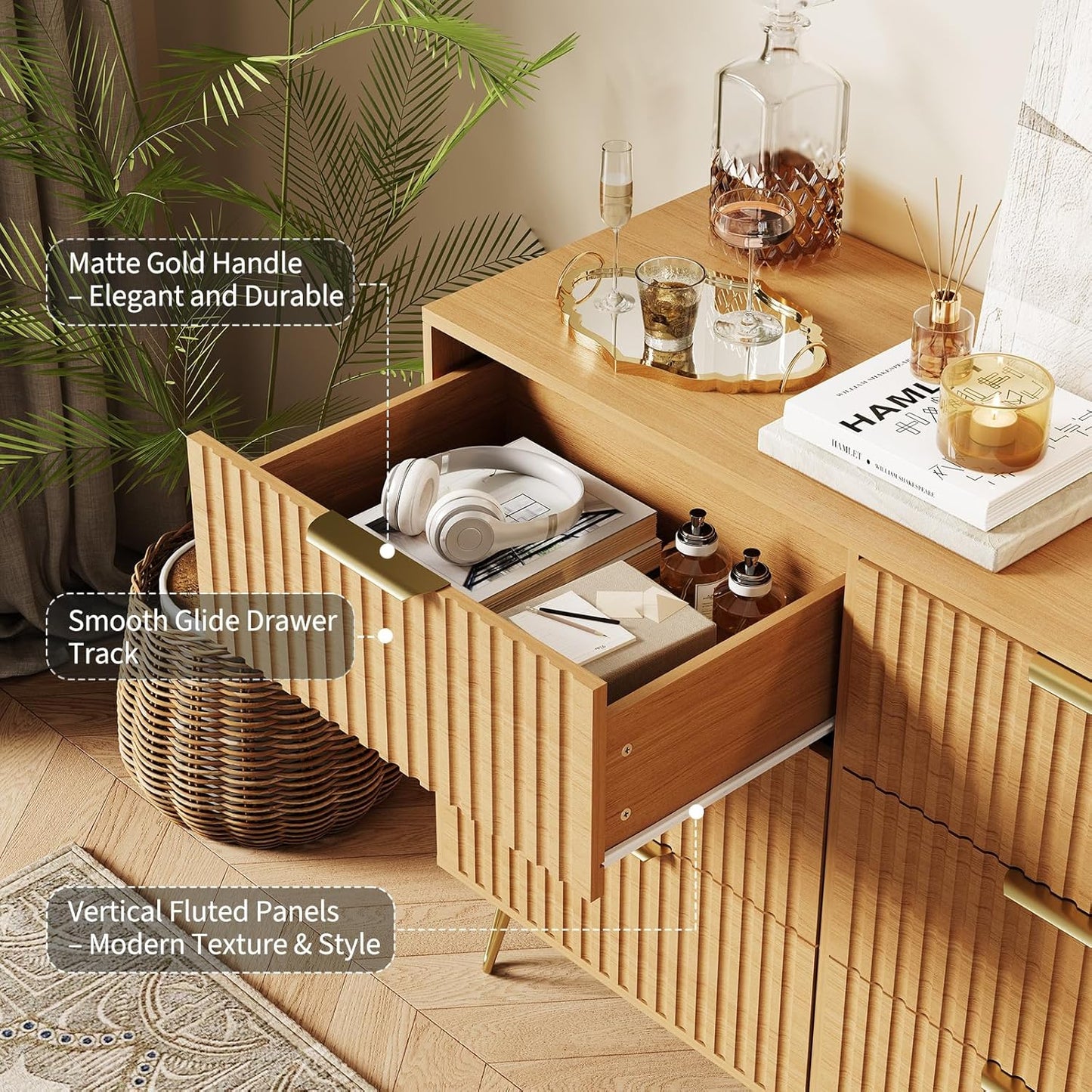 Garvee Fluted Dresser for Bedroom with 9 Drawers,63" Wide Modern Chest of Wooden Bedroom Chest with Metal Handle,Clothes Storage Organizer,Closet Dresser & TV Stand for Living Room,Hallway,Natural