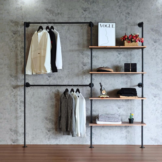 Industrial Pipe Clothing Rack, Wall Mounted Garment Black Wall Hanging Clothing Rack, Heavy Duty Clothes Rack for Walk in Closet Storage, Laundry Room, 14.6x76x82.7 Inches, Model Y02