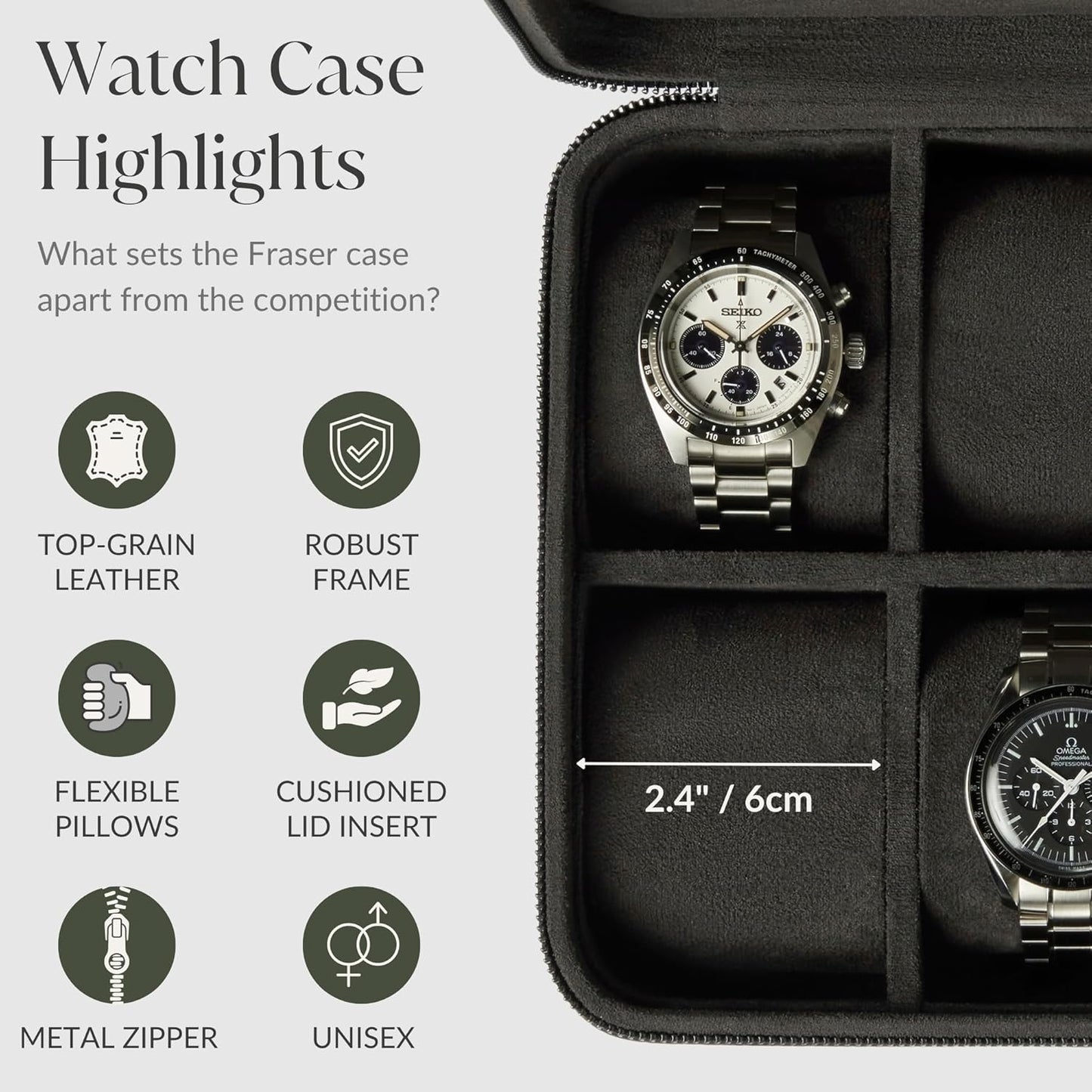 TAWBURY Watch Case - 6 Slot Genuine Top-Grain Leather Watch Box for Men & Women with Extra Wide Pillows for Large Watches - Portable Wristwatch Storage for Home & Travel (Black)