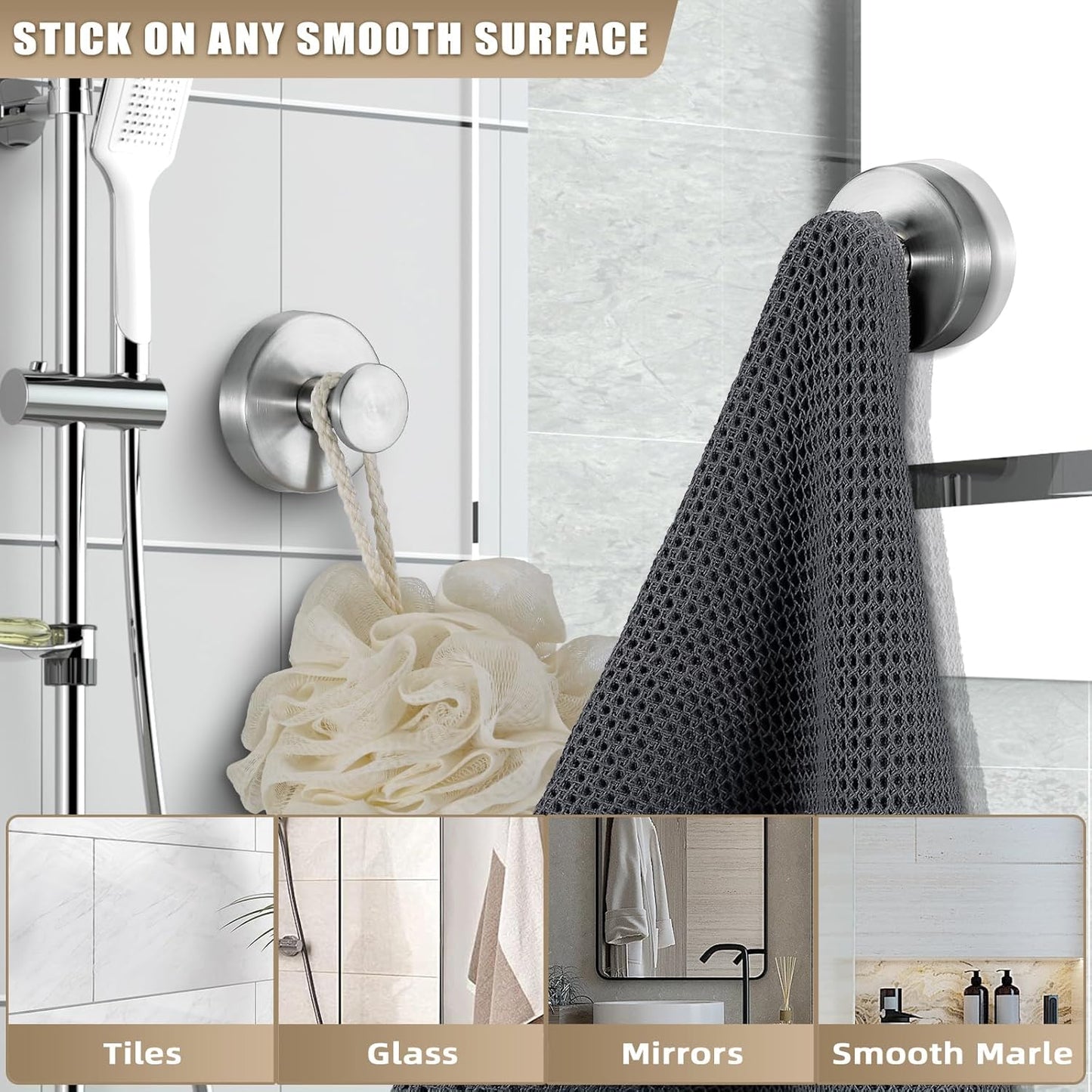 Suction Cup Hooks for Shower No-Drill Bathroom Hooks for Towels, Robes, Loofah Mountable on Bathroom Walls, Kitchen, Glass, Mirrors, Tile and Smooth,Non-Porous Surfaces (4, Brushed Nickel)