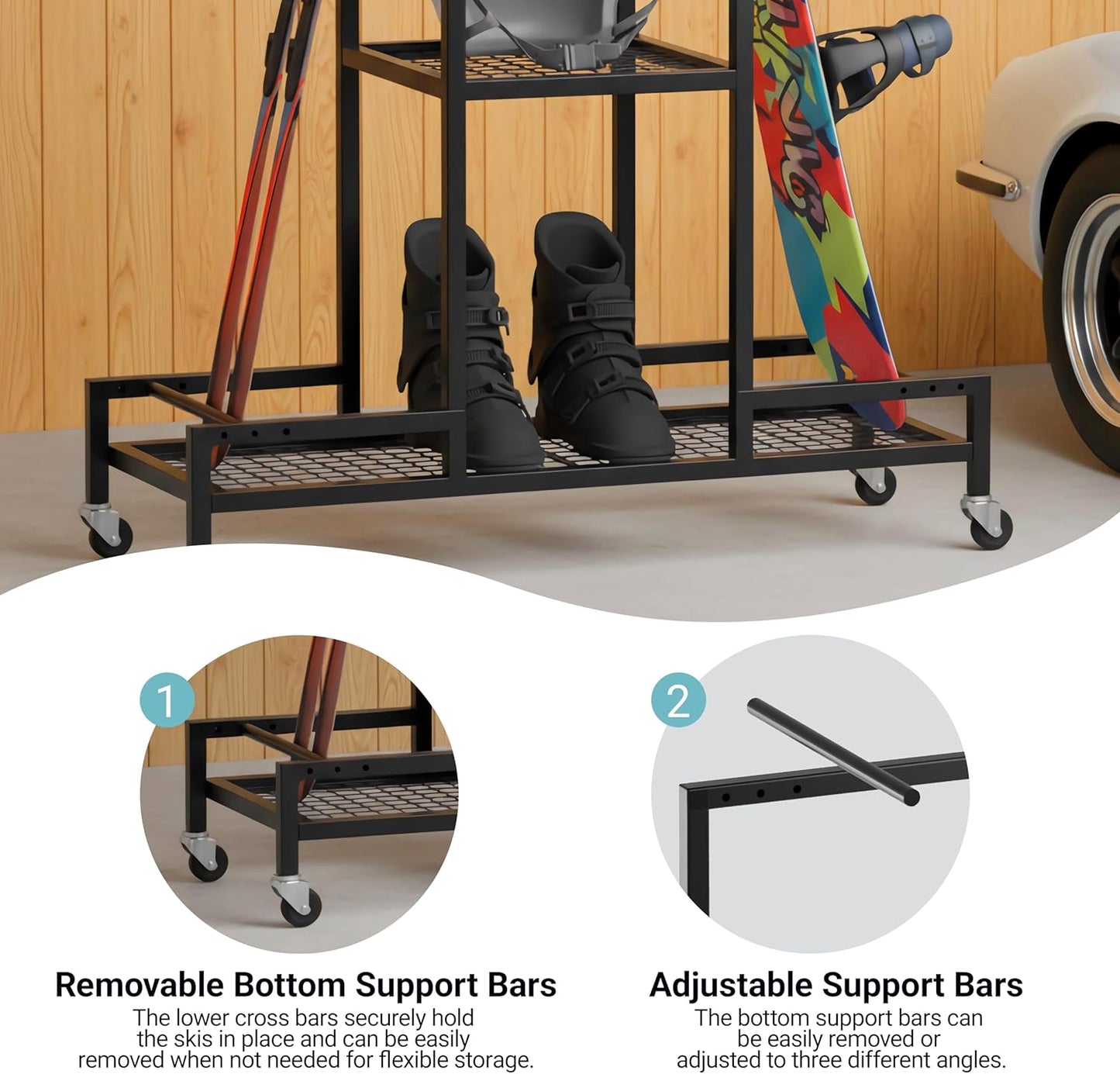 Standing Ski Storage Rack, Holds Snowboards & Skis, 3-Tier Organizer for Gear, Black - Ski Rack for Garage