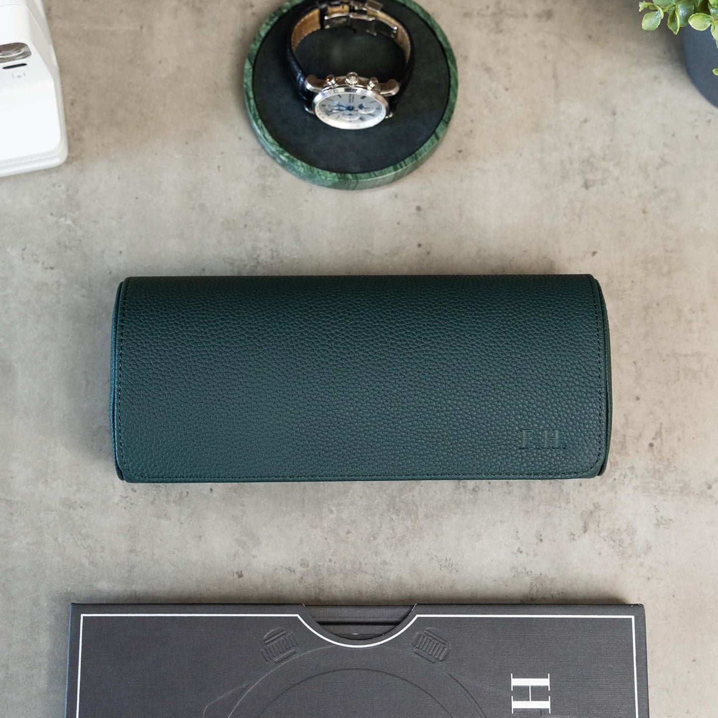DailyWatch | Personalized Watch Roll Travel Case For 3 Watches - Handmade Genuine Leather Travel Case With Custom Engraving of Name or Initials - Dark Green Litchi