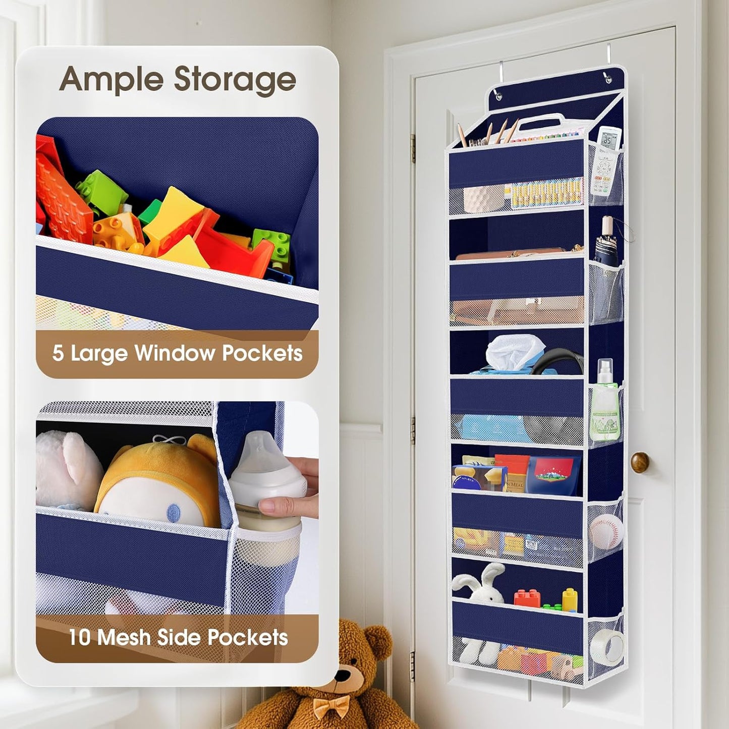 2 Pack Over The Door Organizer, Hanging Storage Organizer with Clear Window, 40lb Ultra Sturdy Large Capacity Room Organizer for Pantry Laundry Bathroom Nursery Closet (Grey)