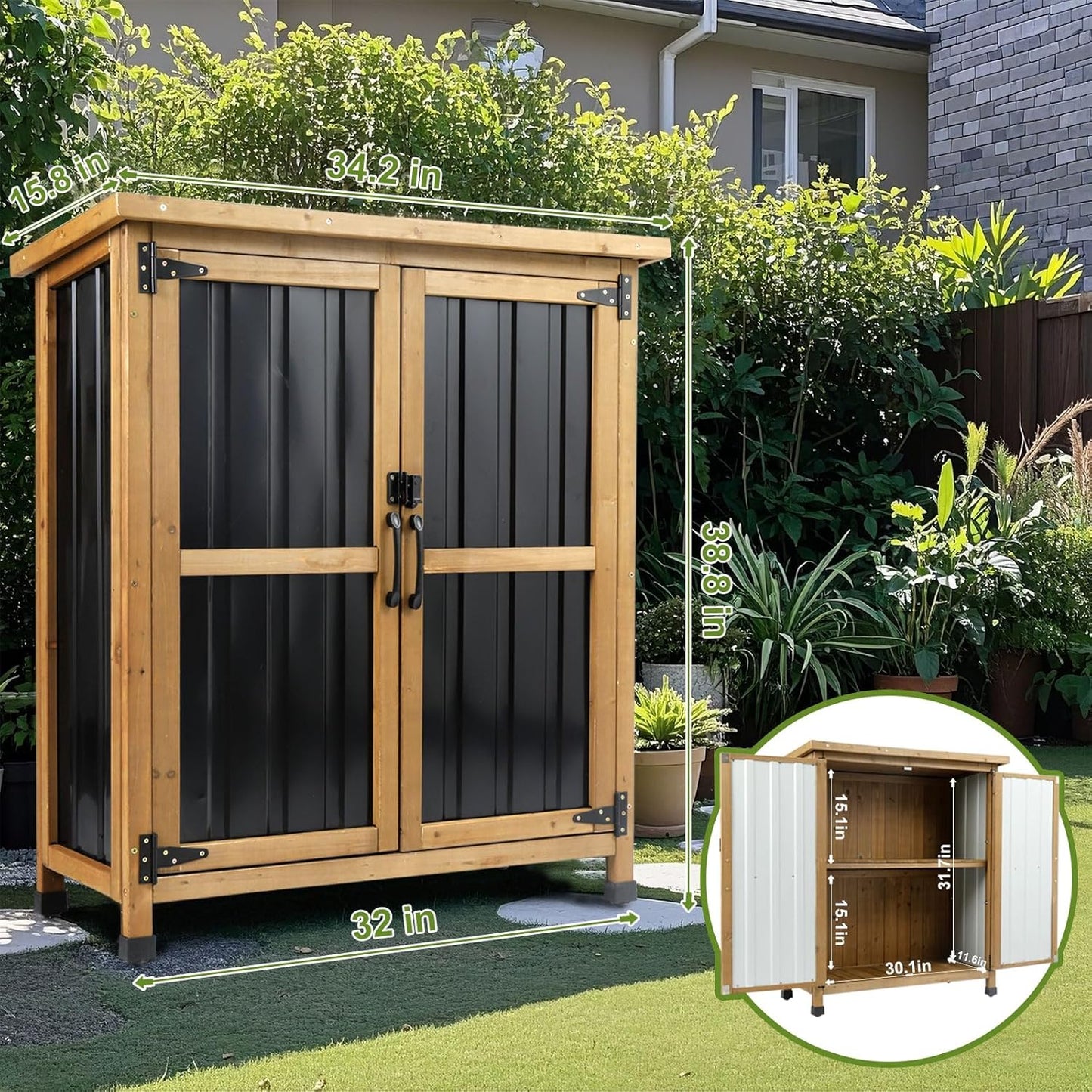 Outdoor Storage Cabinet, Small Wood & Metal Storage Shed with Lockable Doors & Adjustable Shelves, Vertical Outdoor Cabinets for Patio Backyard,Garden Tool Shed and Accessories, Brown