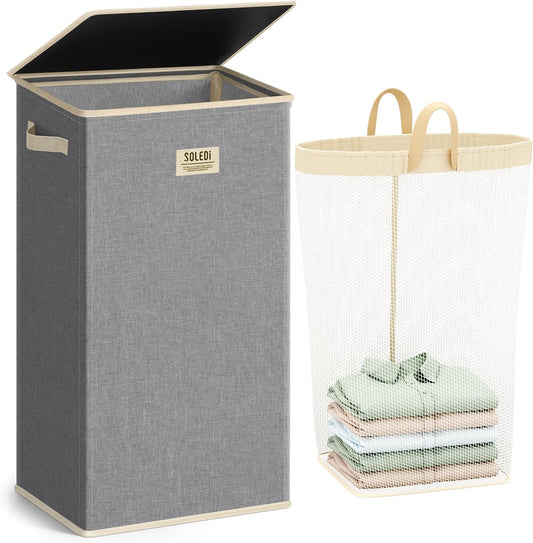 SOLEDI Laundry Hamper with Lid 100L Large & Tall Collapsible Laundry Basket, Clothes Hamper with Bag Removable Easy to Carry, Dirty Hampers for Bedroom, Bathroom, Dorm, College, Light Grey