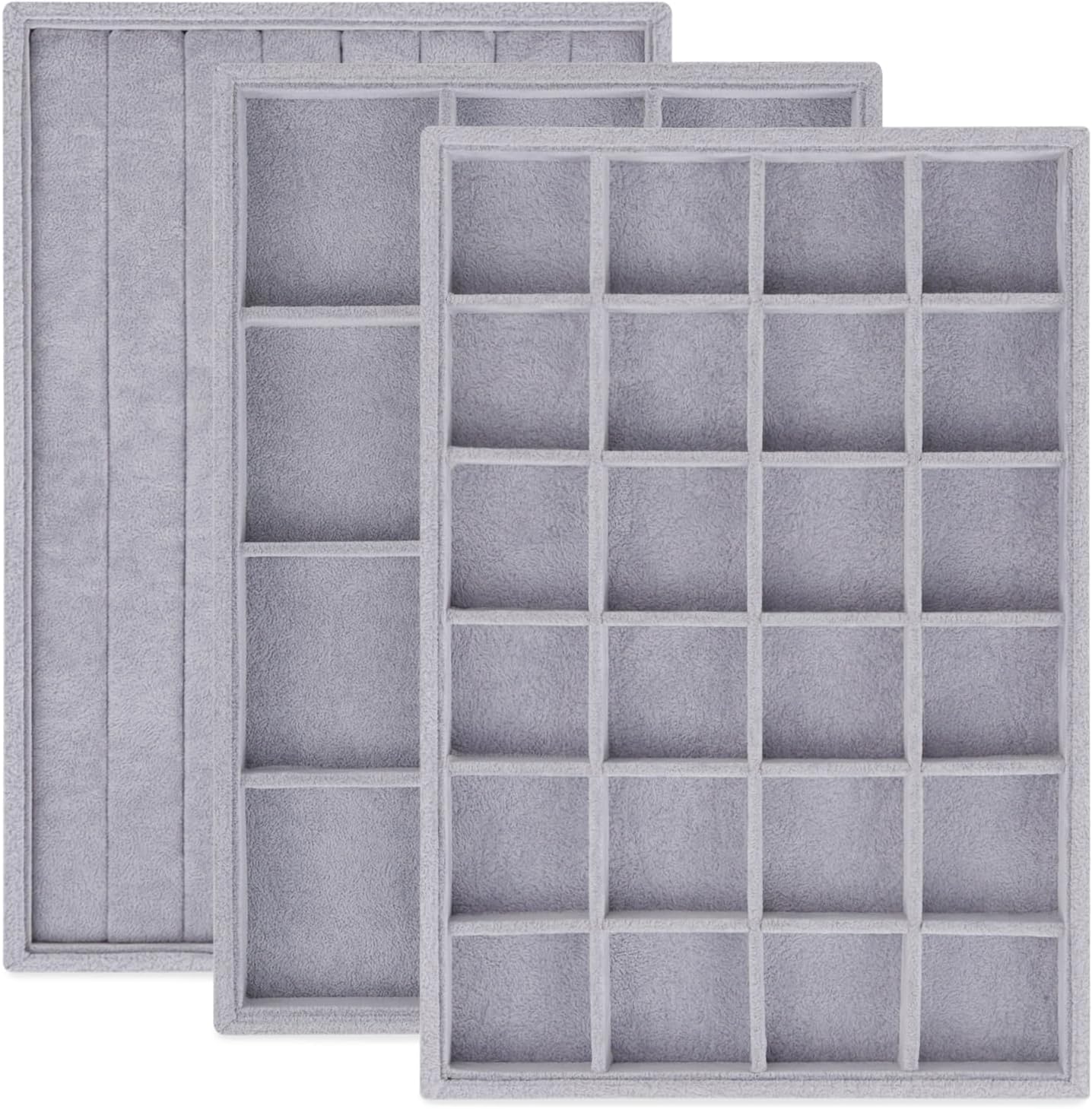 Rocutus Jewelry Trays,3 Pack Stackable Velvet Jewelry Organizer Tray Drawer Jewelry Storage Tray,Divided Ring Organizer Tray for Earrings, Necklaces, Bracelets,13.8"x9.5"x1.2" (Grey)