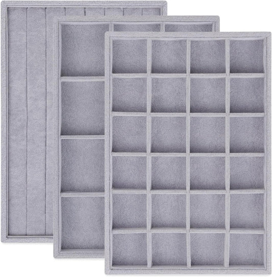 Rocutus Jewelry Trays,3 Pack Stackable Velvet Jewelry Organizer Tray Drawer Jewelry Storage Tray,Divided Ring Organizer Tray for Earrings, Necklaces, Bracelets,13.8"x9.5"x1.2" (Grey)