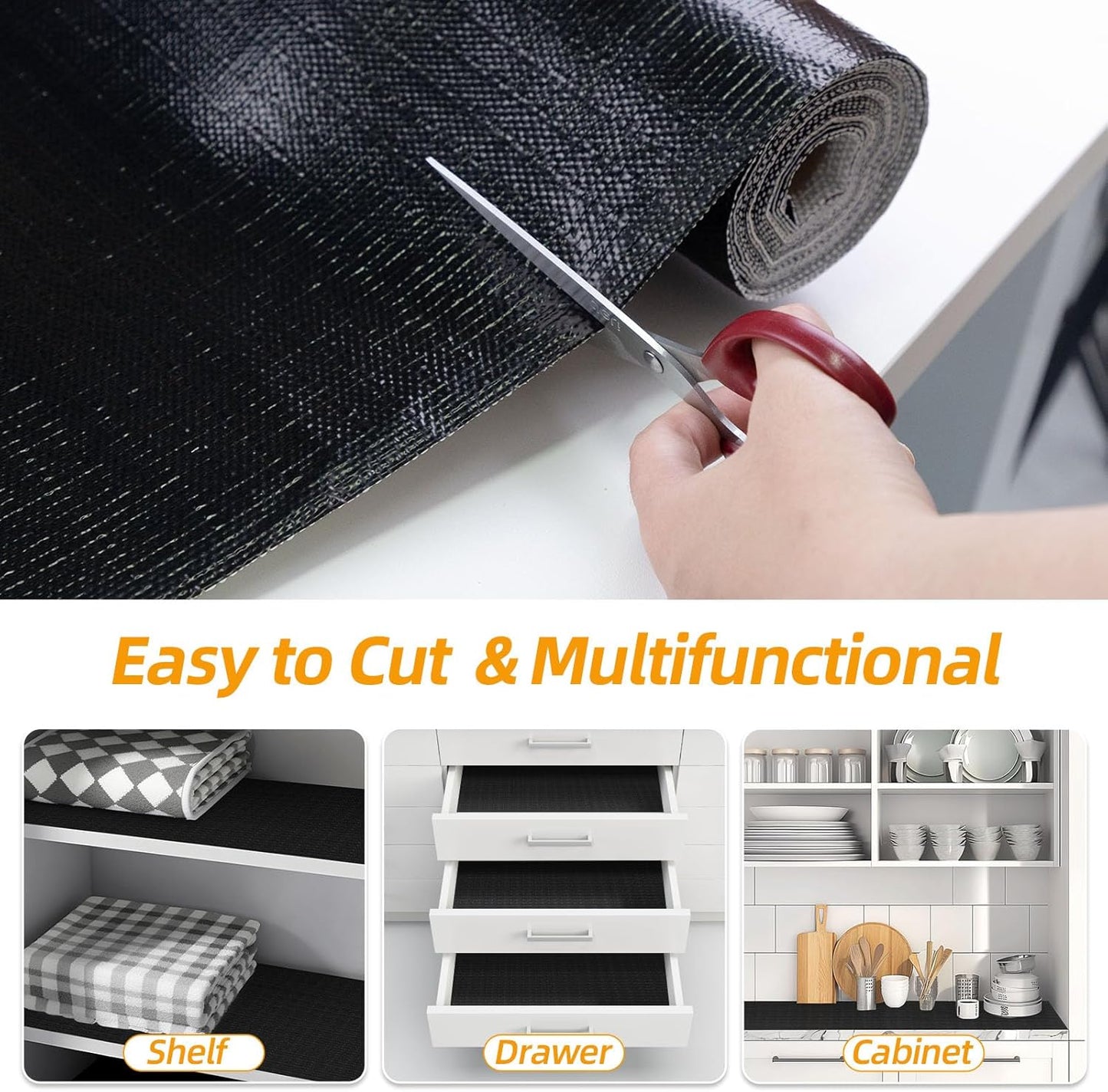 Shelf and Drawer Liner for Kitchen Cabinets Non-Adhesive, Strong Grip Non-Slip Thickened Cabinet Liners for Shelves, Waterproof Mats for Dresser Cupboard, Black, 23 in x 10 Feet