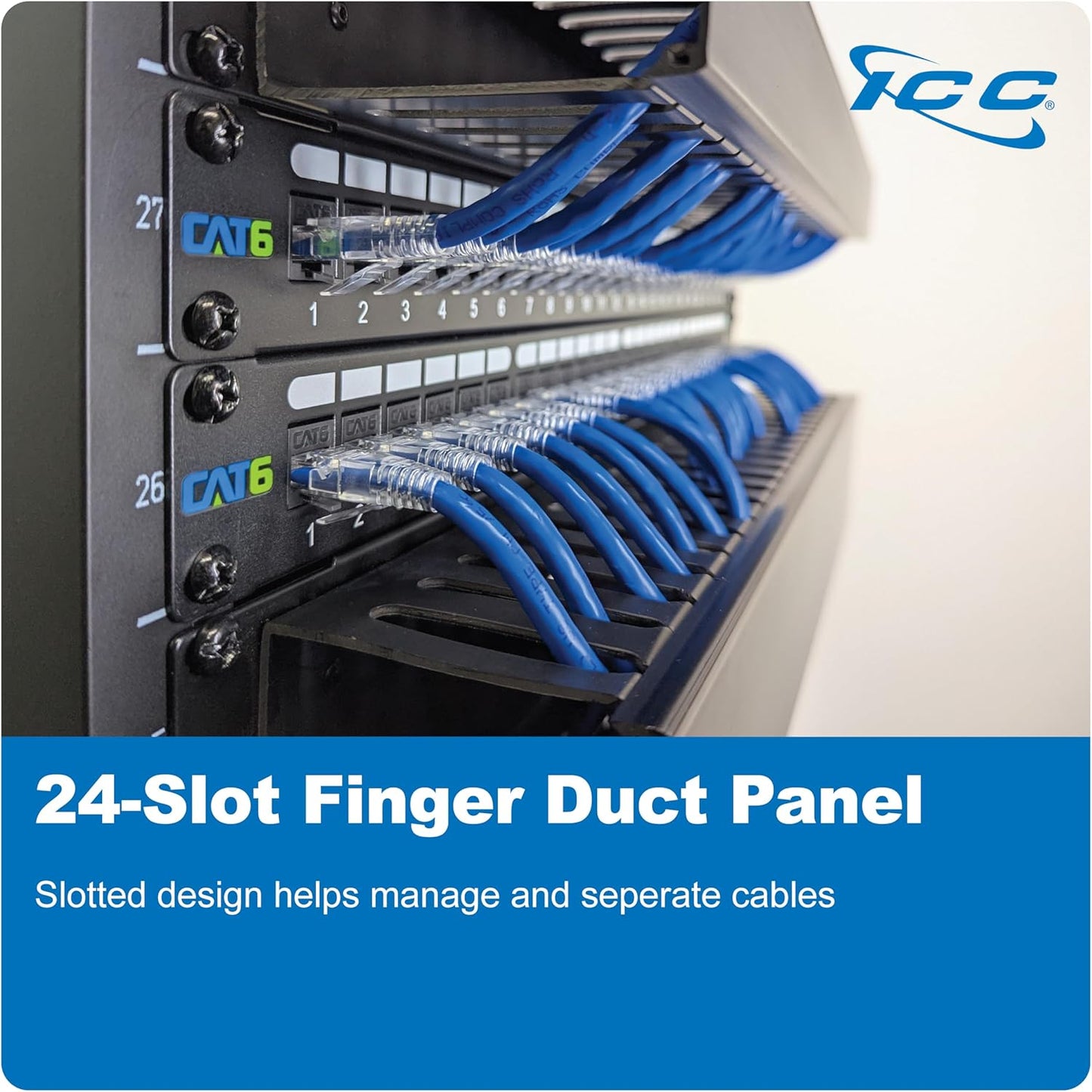 ICC 2U Finger Duct Cable Manager Panel with Cover, Plastic with Metal Back Frame, 3" Depth, Horizontal Cable Management, Rackmount for 19” Network Racks, Black, 6-Pack