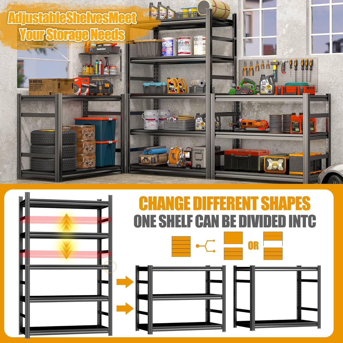 Storage Shelves, Garage Metal Shelving Unit, Adjustable, Double-Layer Column with Reinforced Ribs, Heavy-Duty, Capable of Bearing 600-3600 lbs (Black, 77 * 45 * 18, 6-Tier)