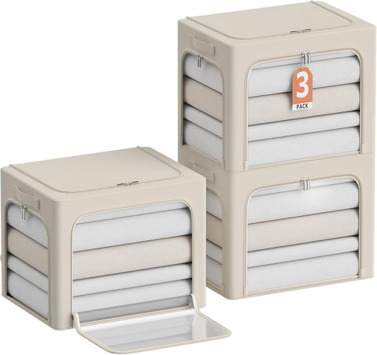 CYhom 3Pack Clothes Storage Bins - Oxford Frame Storage Box Foldable Stackable Storage Organizer with 3 Openings Design, Metal Frame, Clear Window, Carry Handles (36L-15.7 * 11.8 * 11.8in, Beige)
